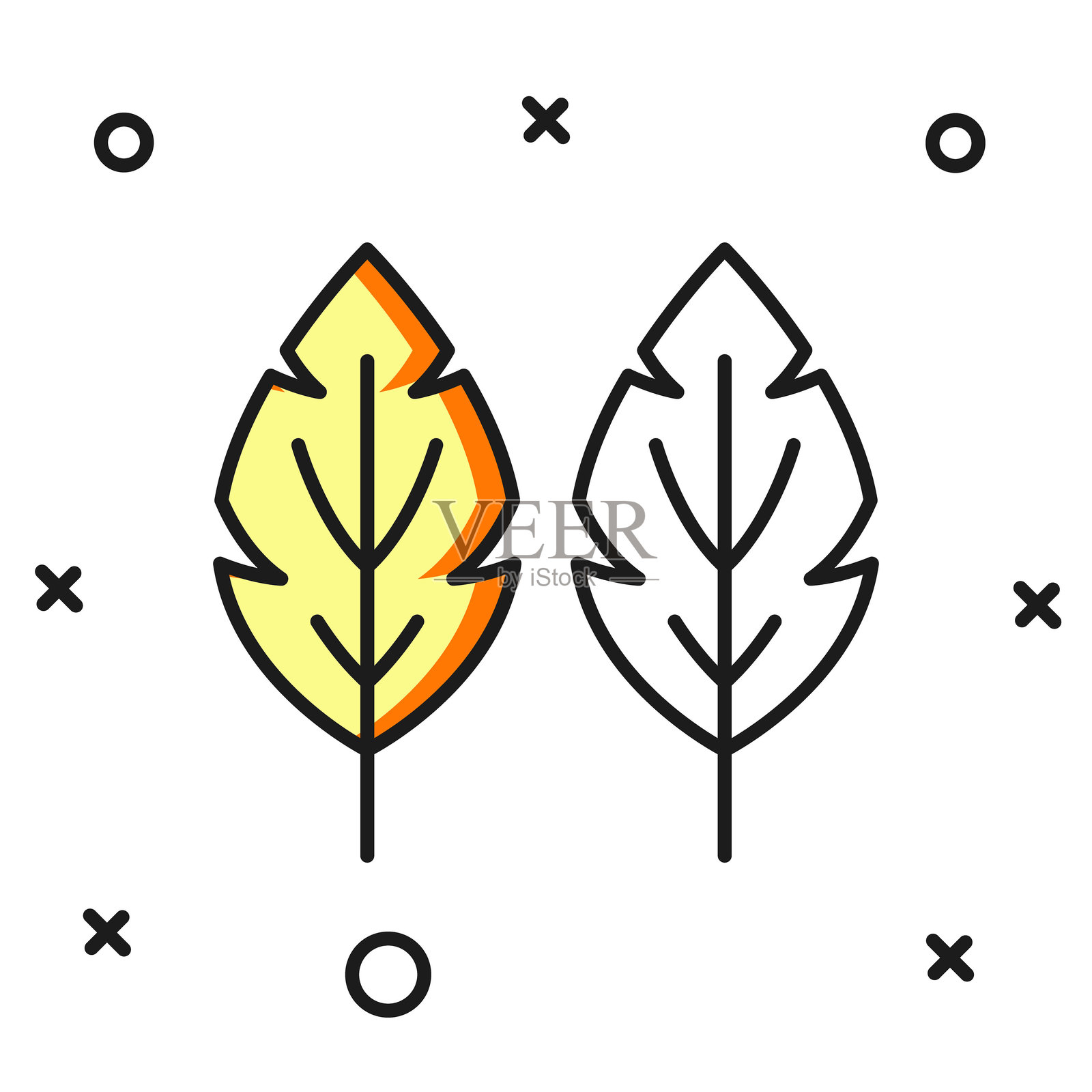 填充轮廓的叶子图标，背景为白色。叶子标志。新鲜天然产品符号。带阴影的平面填充轮廓风格。矢量图。插画图片素材