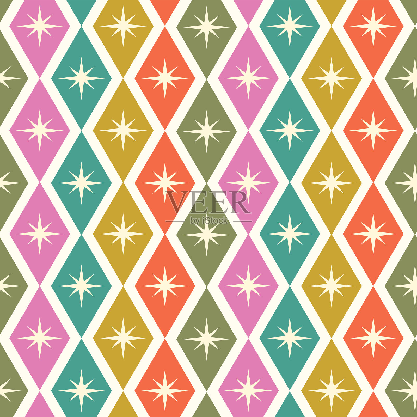 中世纪白色原子星爆与多彩菱形图案的无缝设计插画图片素材