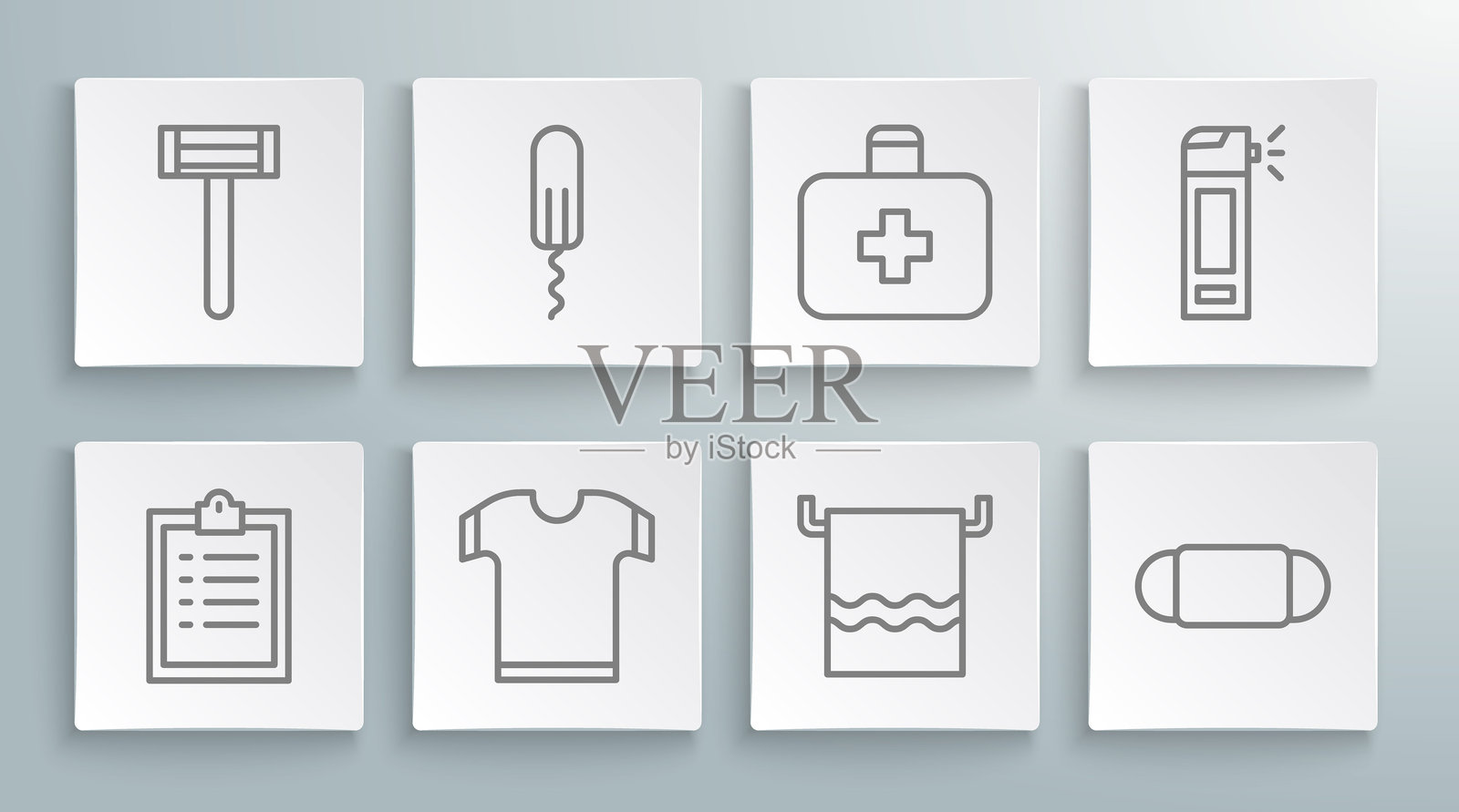 设置带有清单的剪贴板，卫生棉条，T恤，毛巾挂架，医用防护口罩，急救包，喷雾瓶喷嘴和剃须刀图标。矢量图。插画图片素材