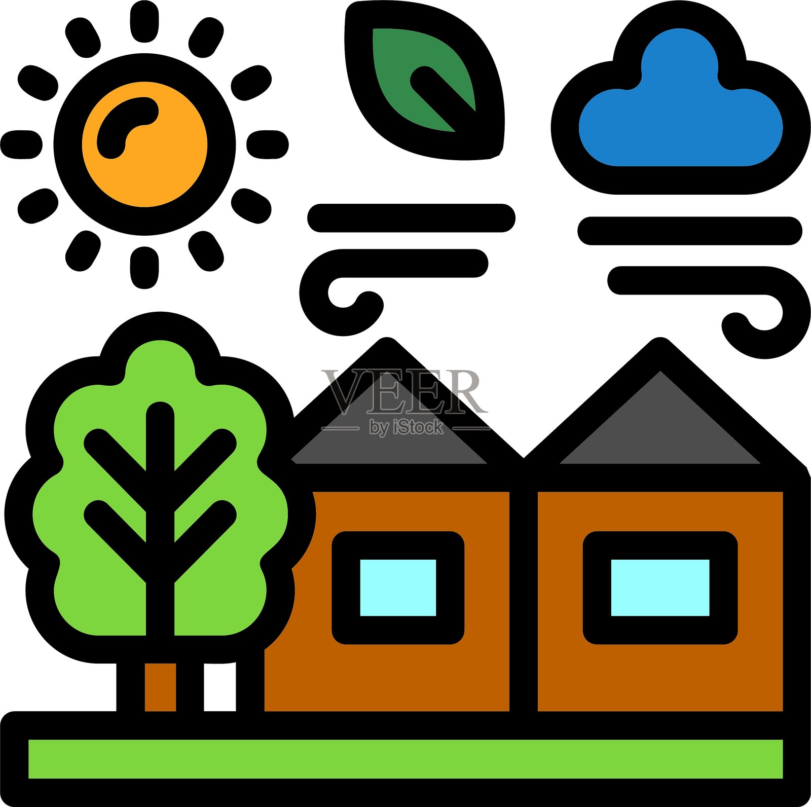 村庄线条填充风格图标设计插画图片素材