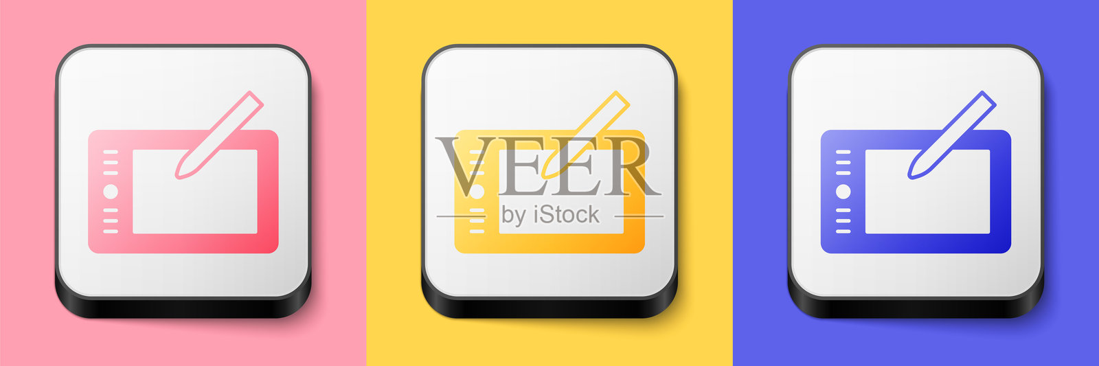 等距图形平板图标，背景为粉色、黄色和蓝色。方形按钮。矢量图。插画图片素材