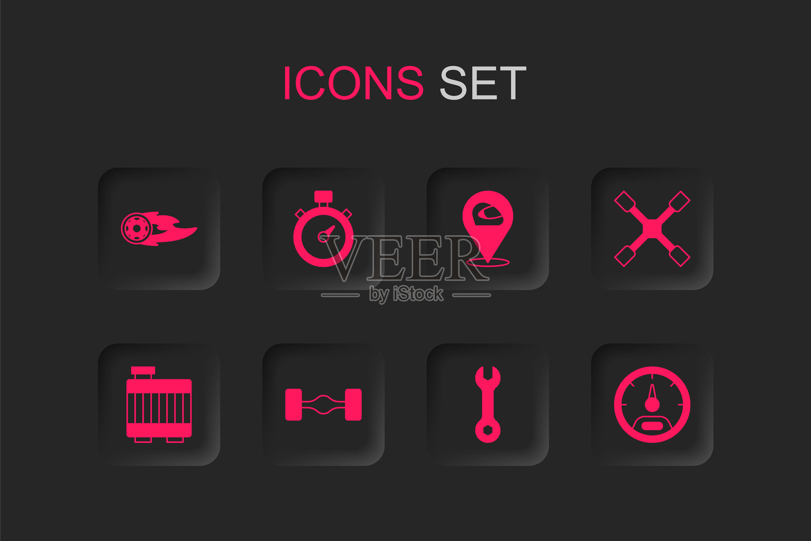 汽车底盘、秒表、火焰中的轮子、扳手、扳手、速度计、赛车头盔和汽车散热器冷却系统图标。矢量图。插画图片素材