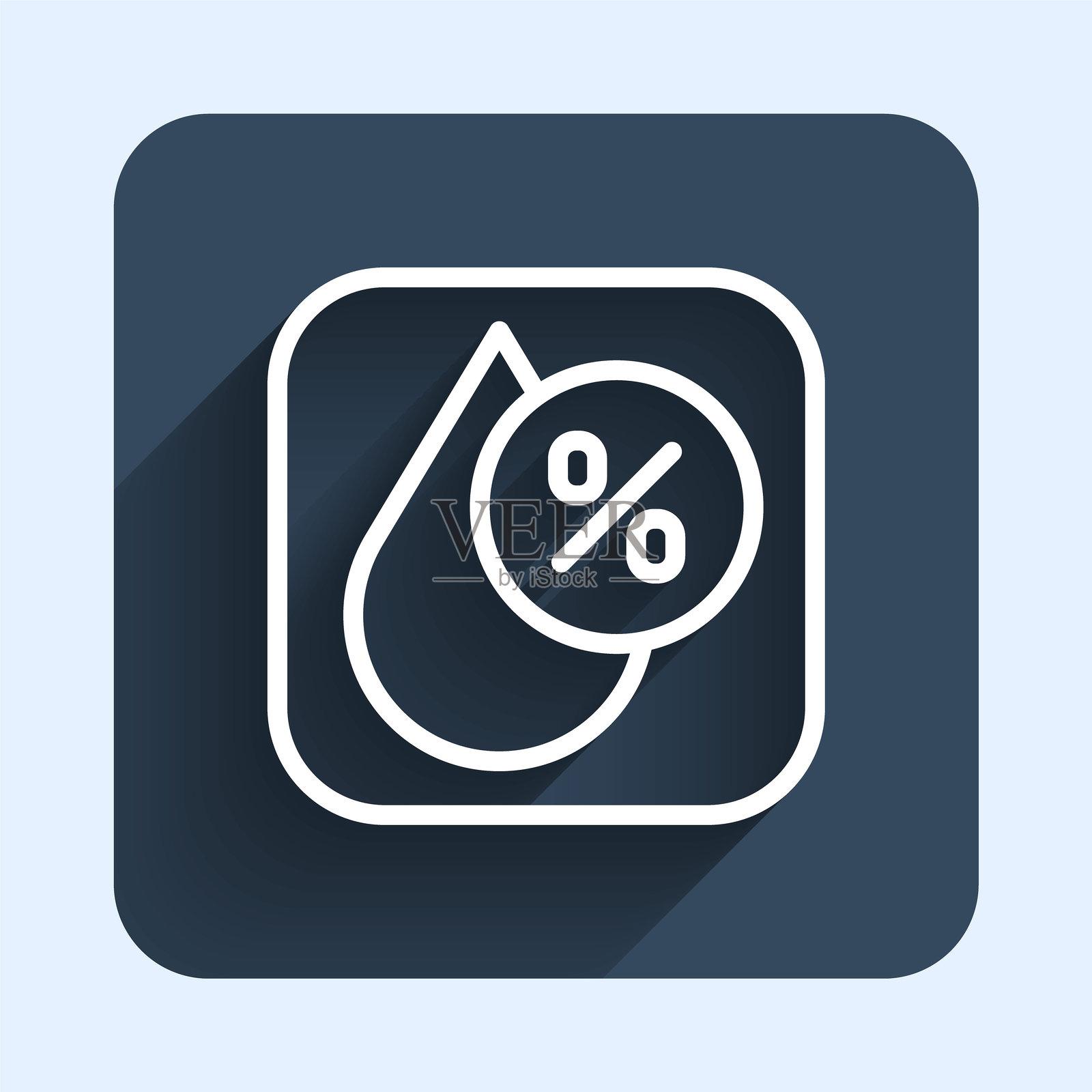 白色线条水滴百分比图标，带有长阴影背景。湿度分析。蓝色方形按钮。矢量图。插画图片素材