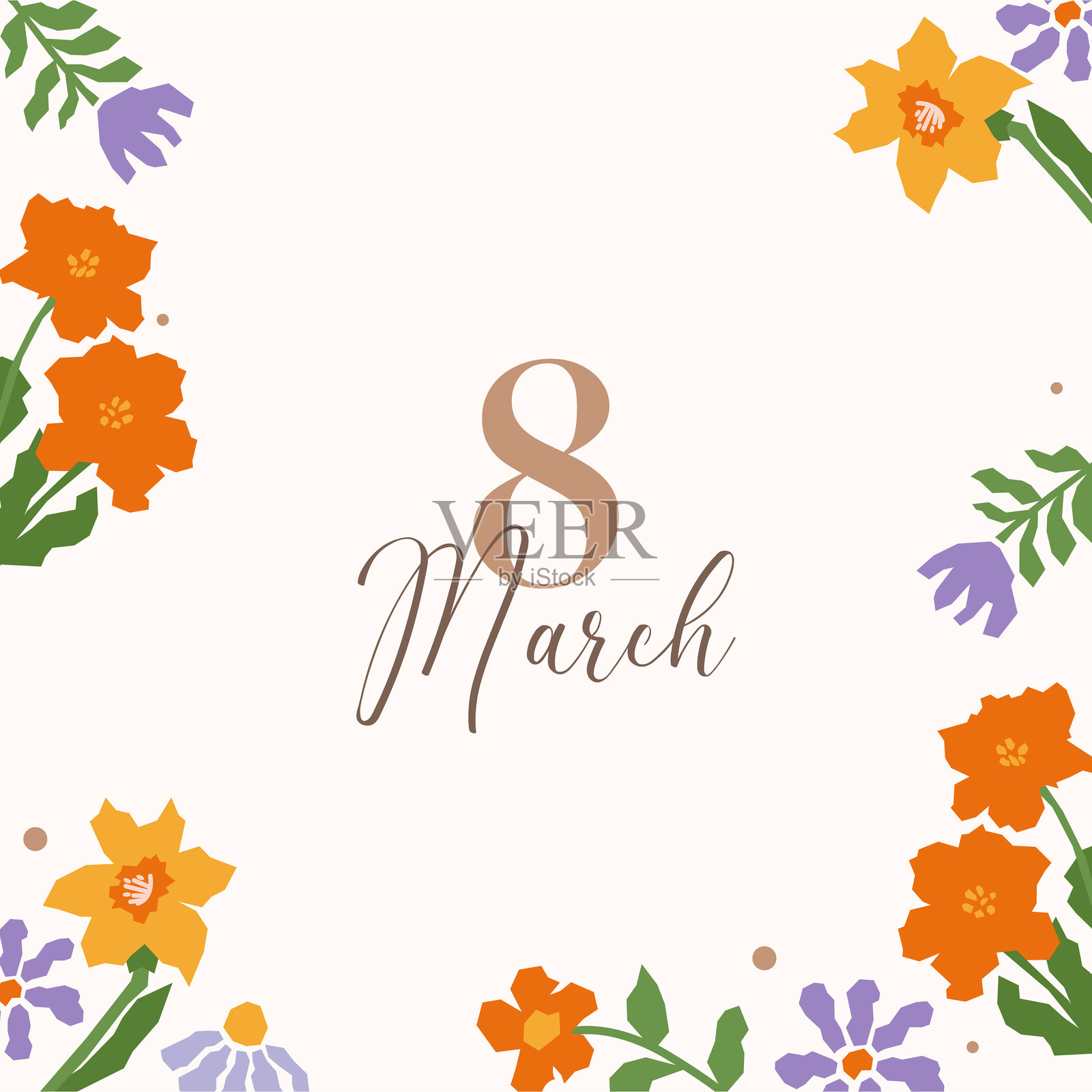 3月8日横幅，带有橙色和紫色花朵的花卉框架，在浅色背景上形成装饰性花环插画图片素材