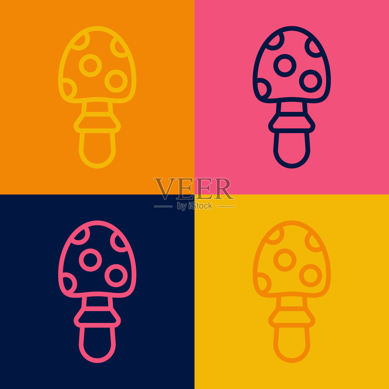 波普艺术风格的红蘑菇图标，孤立在彩色背景上。带斑点的有毒蘑菇。矢量图。插画图片素材