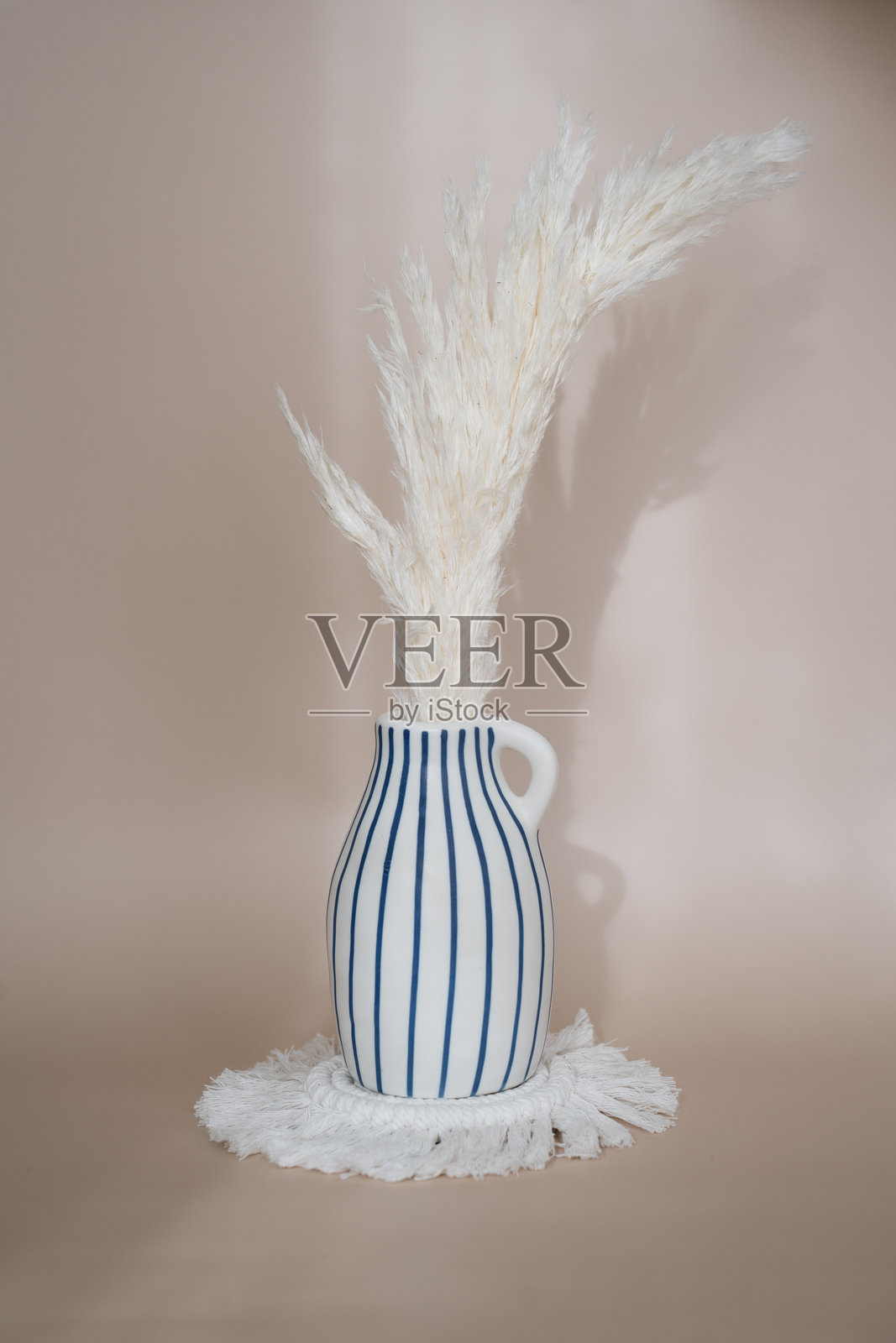现代条纹蓝白花瓶中的潘帕斯草花束，放置在白色杯垫上。极简波西米亚风格的室内设计，适合客厅或卧室装饰。照片摄影图片