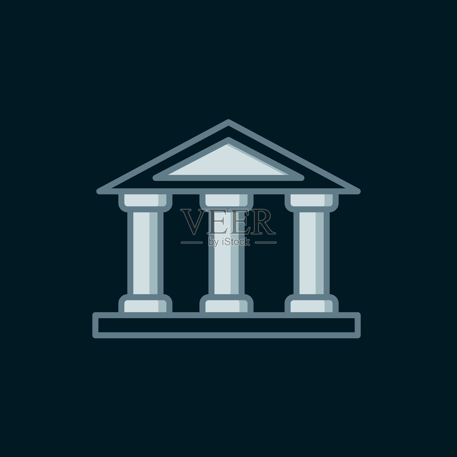 法院建筑图标，背景为黑色。银行或博物馆建筑。扁平填充轮廓风格，带阴影。矢量图。插画图片素材