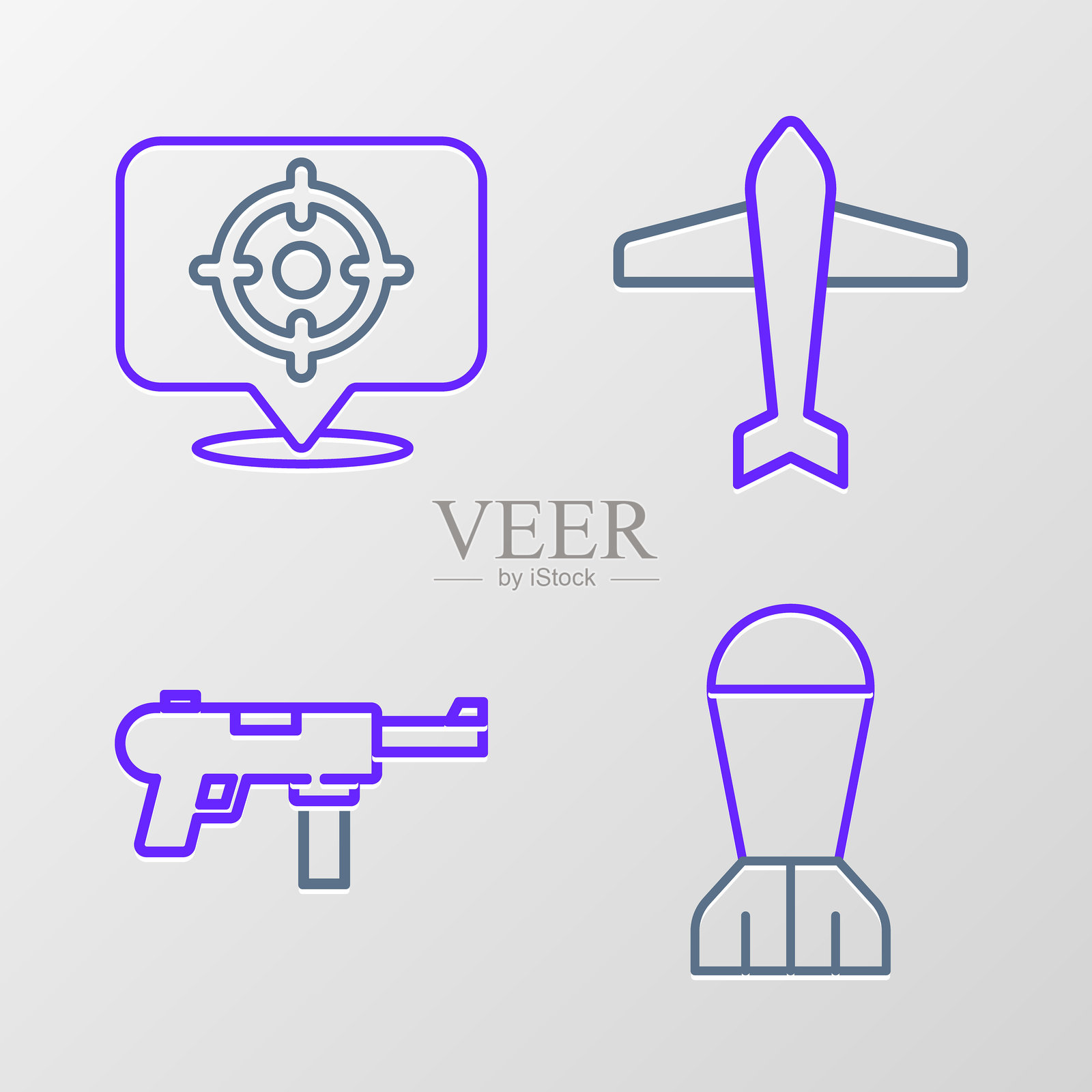 航空炸弹、M3冲锋枪、喷气式战斗机和靶场运动图标。矢量图。插画图片素材