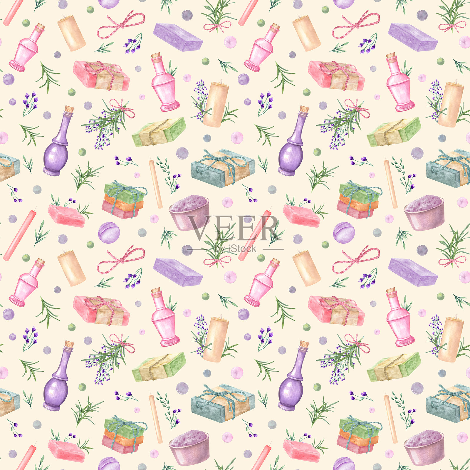 米色背景上的水彩水疗配件无缝图案。蜡烛、盐碗、野花、油瓶、香皂、浴盐球、草药插图，适用于纺织包装纸。插画图片素材
