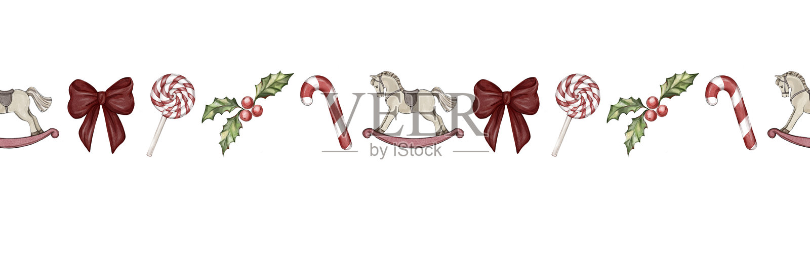 水彩圣诞无缝边框。带有蝴蝶结、摇马、冬青和棒棒糖的圣诞和新年横幅。假日设计和包装、丝带、胶带的装饰。复古风格插图。插画图片素材