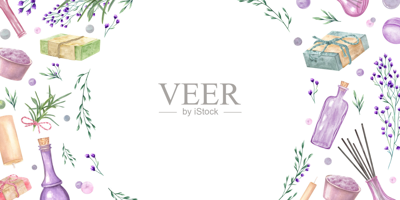 水彩香氛有机草本元素孤立背景。蜡烛、盐碗、野花、草药、瓶子、香皂、浴球框架，留有空白空间供文字使用。水疗边框插图插画图片素材