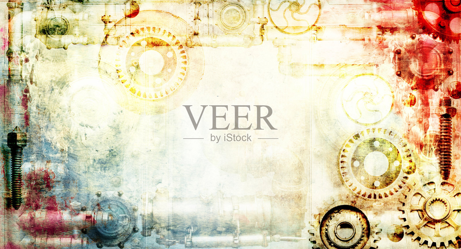 带有复古金属细节、管道、齿轮和铆钉的横幅框架，背景为复古纸纹理。模版设计。文本留白。可用于蒸汽朋克、工业、机械设计。照片摄影图片