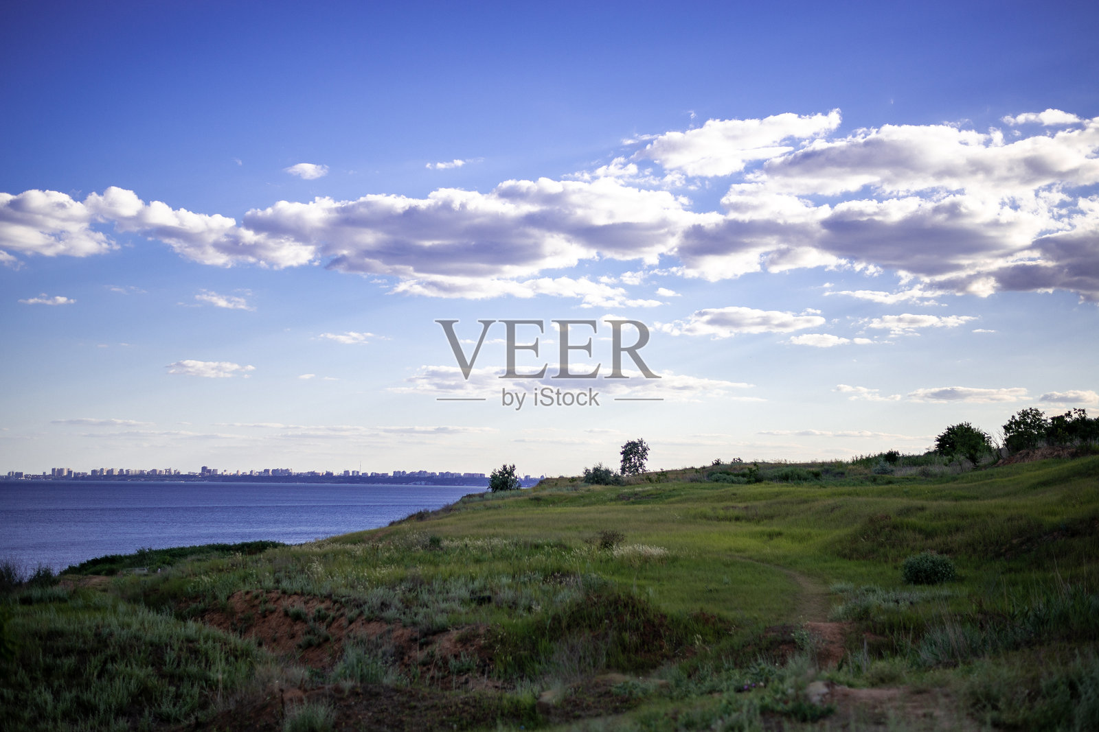 小路穿过一片草地，海洋在地平线上。照片摄影图片