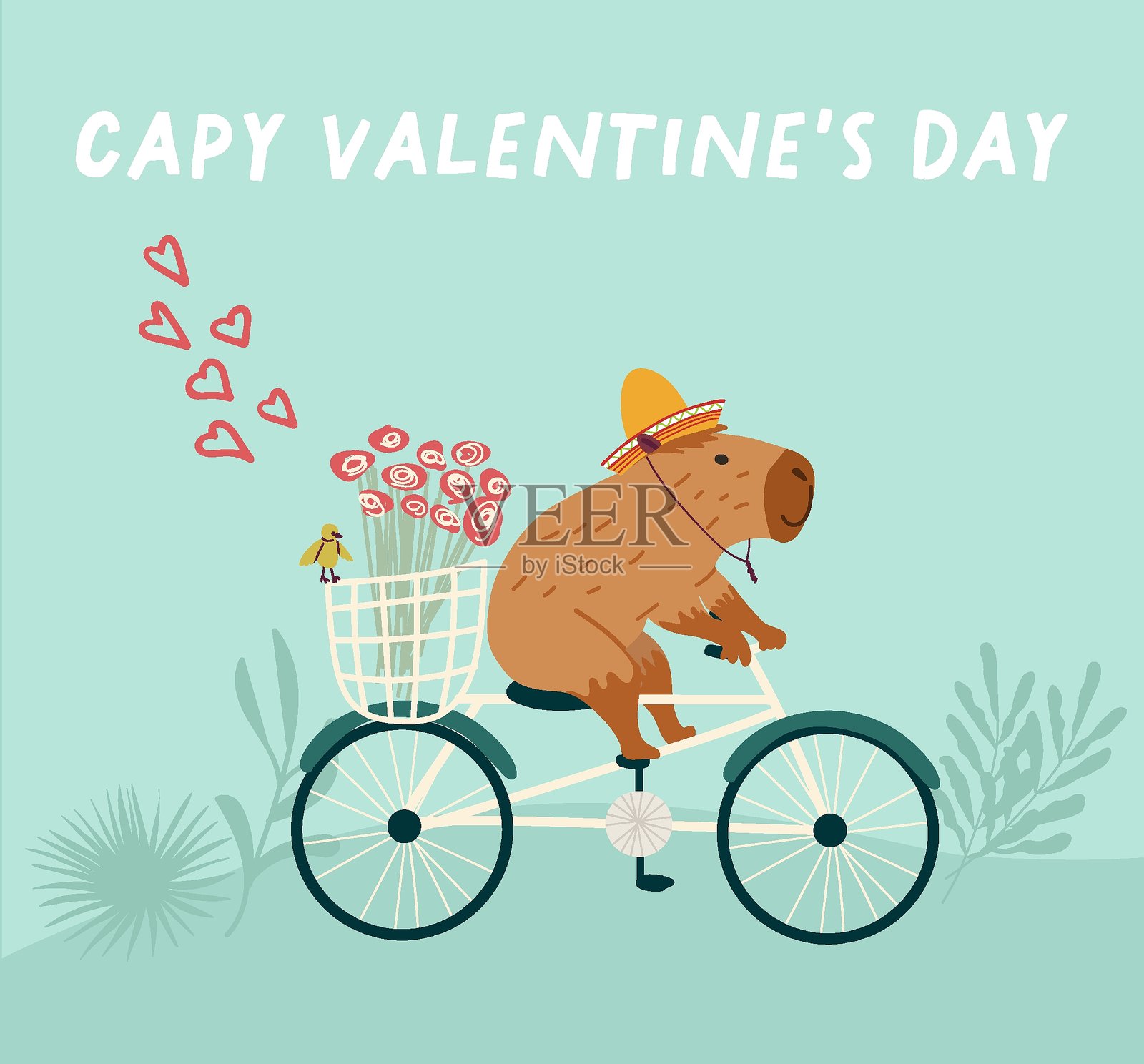 情人节贺卡，描绘了一只恋爱中的水豚骑着自行车，手里捧着一束花。适用于贺卡、问候、传单和社交媒体帖子。矢量手绘风格。插画图片素材