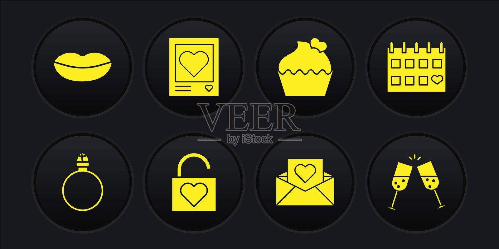 钻石订婚戒指，带心形的日历，锁和情人节信封，婚礼蛋糕，心形相框，香槟杯和微笑的嘴唇图标。矢量图。插画图片素材