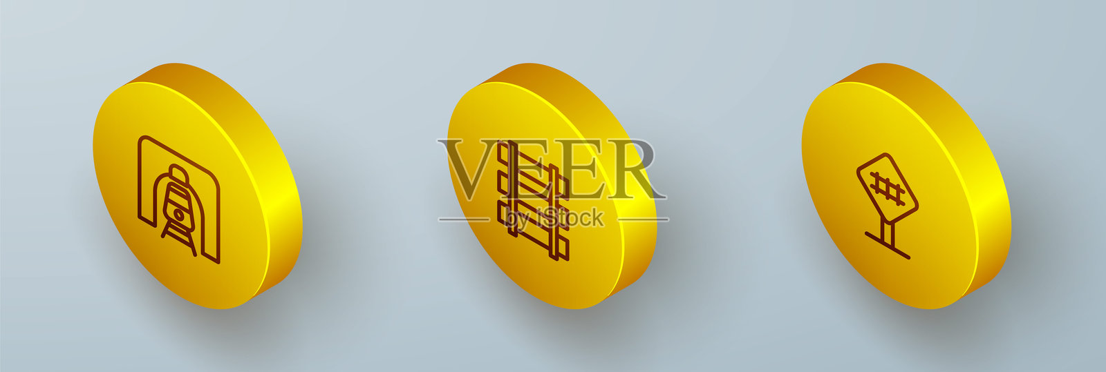 等距线条火车在铁路隧道中，铁路、铁轨和铁路道口图标。矢量图。插画图片素材