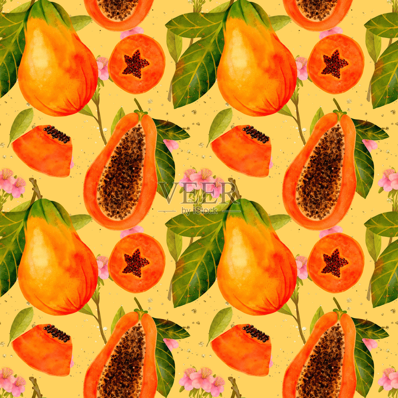 充满活力的热带木瓜与令人愉悦的水果图案设计相结合，令人赞叹插画图片素材