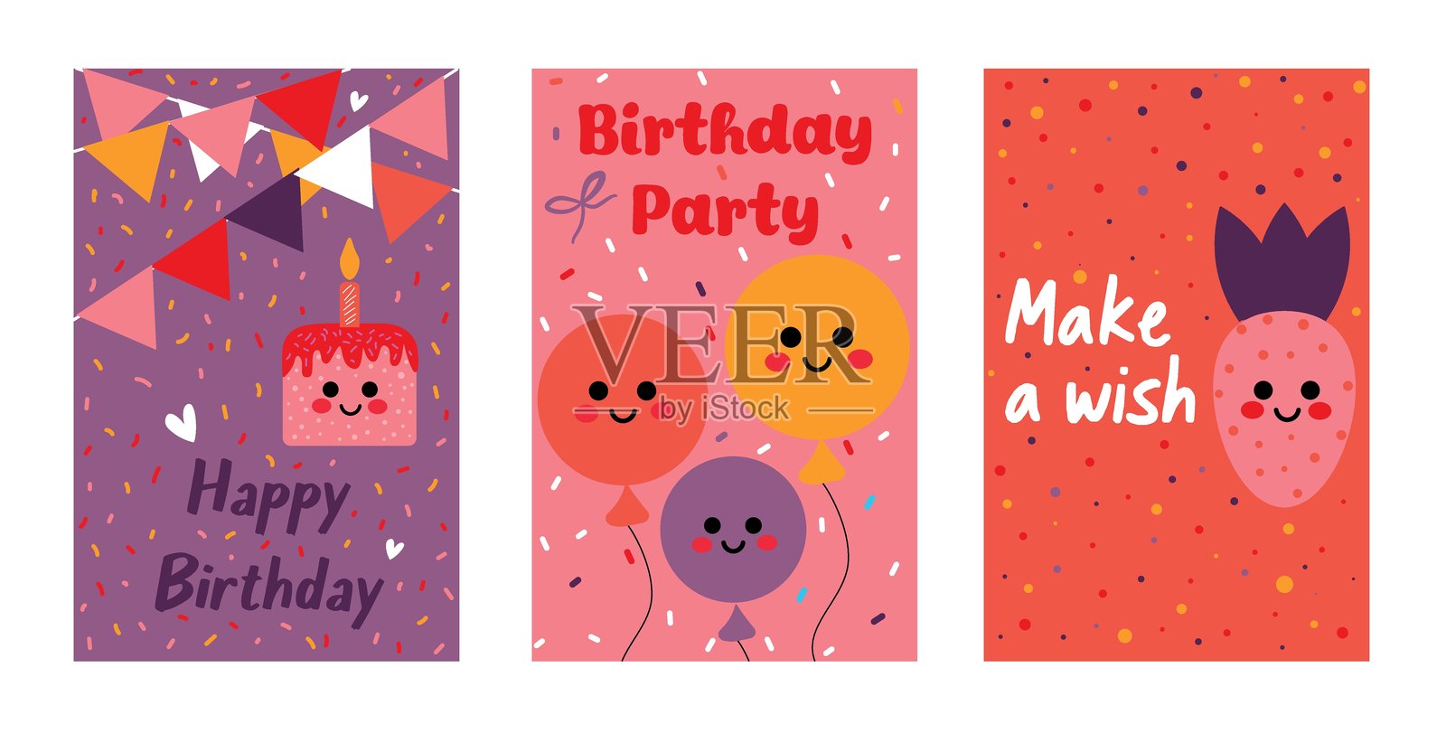 色彩缤纷且有趣的生日卡设计，包含气球和蛋糕插图插画图片素材