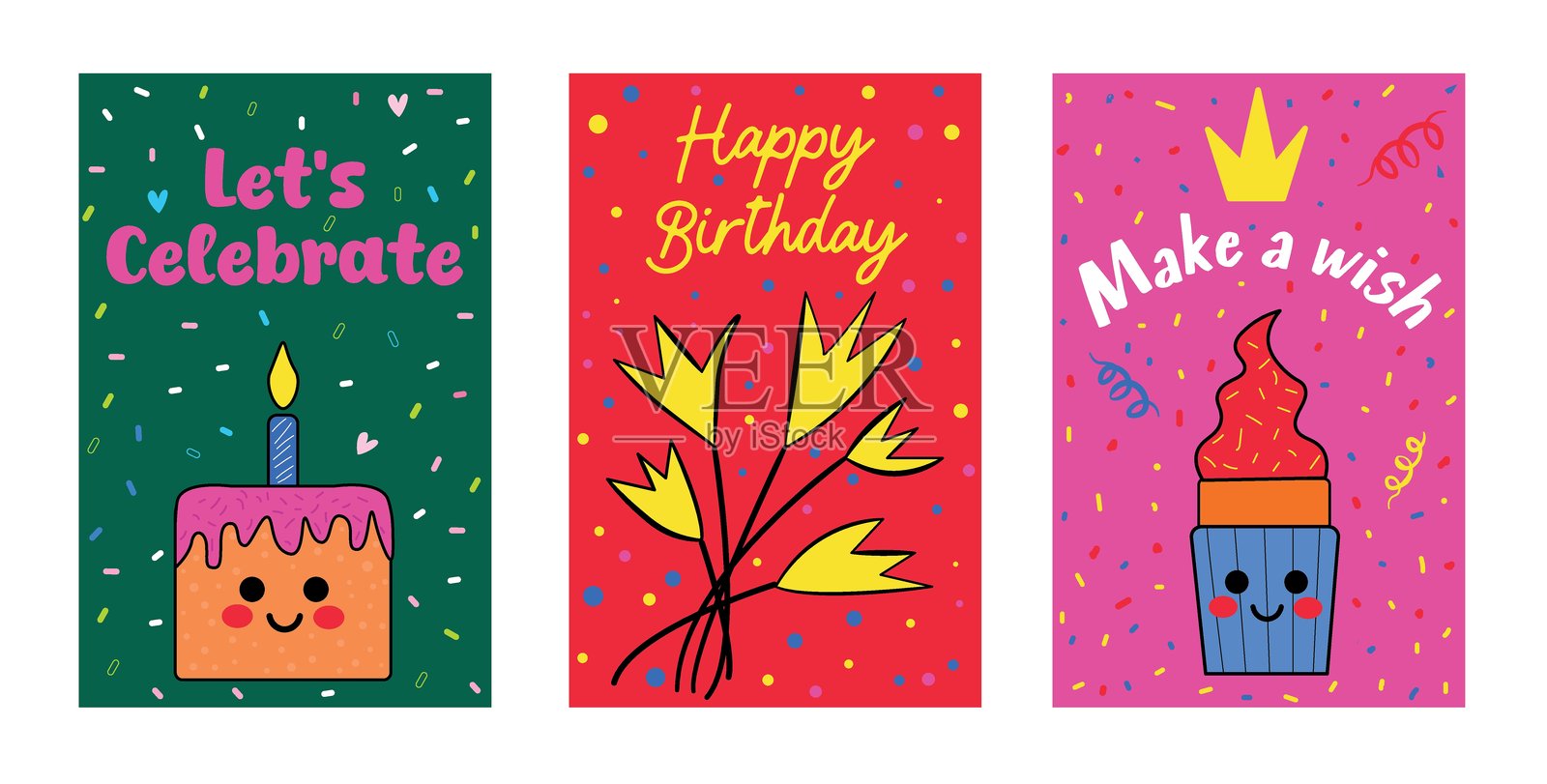 五彩缤纷的生日祝福，配有五彩纸屑和友好的蛋糕设计插画图片素材