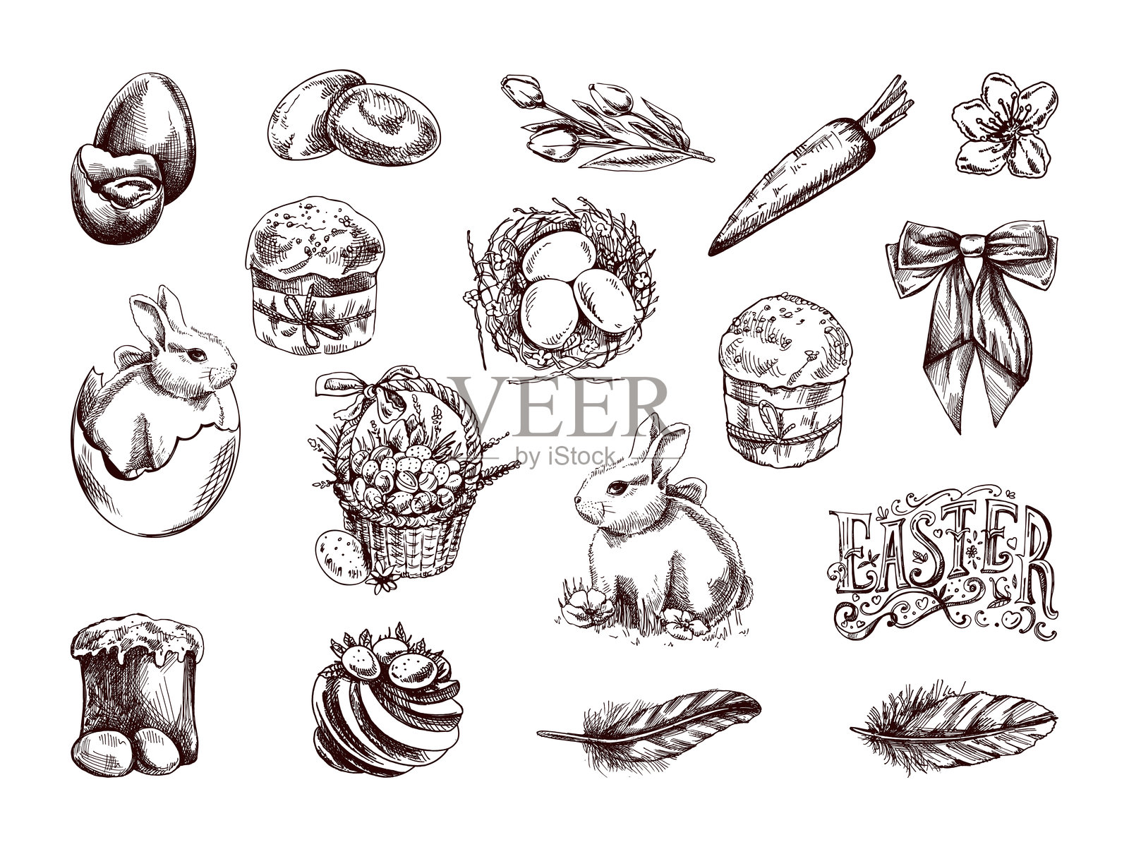 手绘复古复活节套装，包含兔子、彩蛋、蝴蝶结、花朵、食物和节日符号插画图片素材