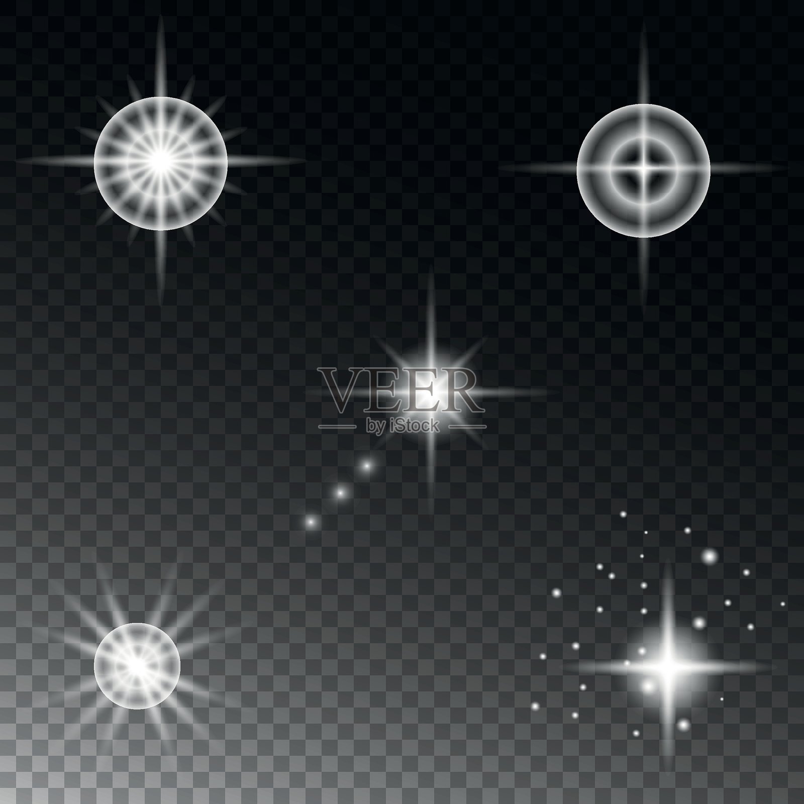发光星星和光效组合，带透明背景插画图片素材