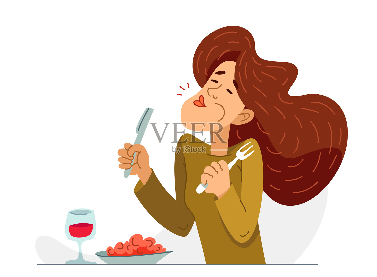 年轻女性品尝美味佳肴，手握一杯红酒，矢量插图展示女孩享受美食的情景。插画图片素材