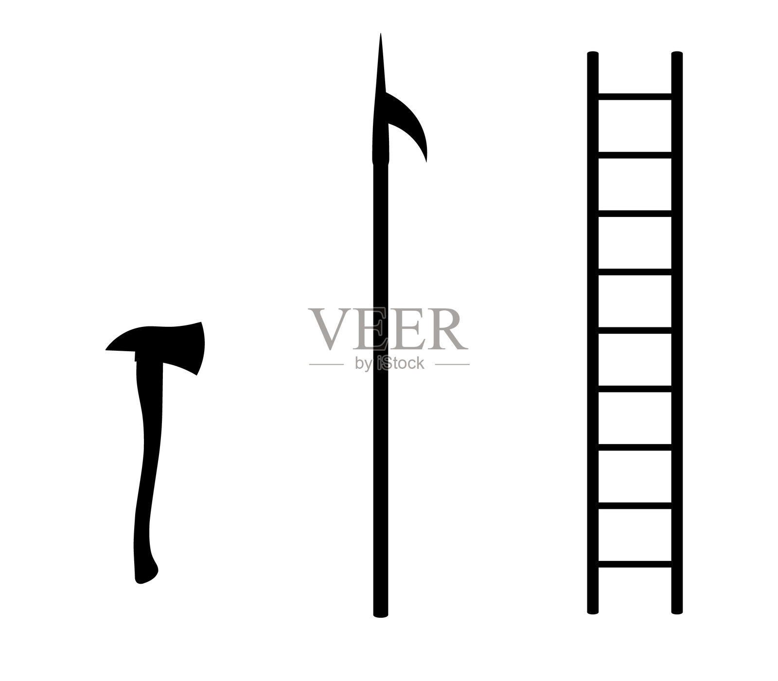 消防员斧头、钩子和梯子的剪影图标集插画图片素材