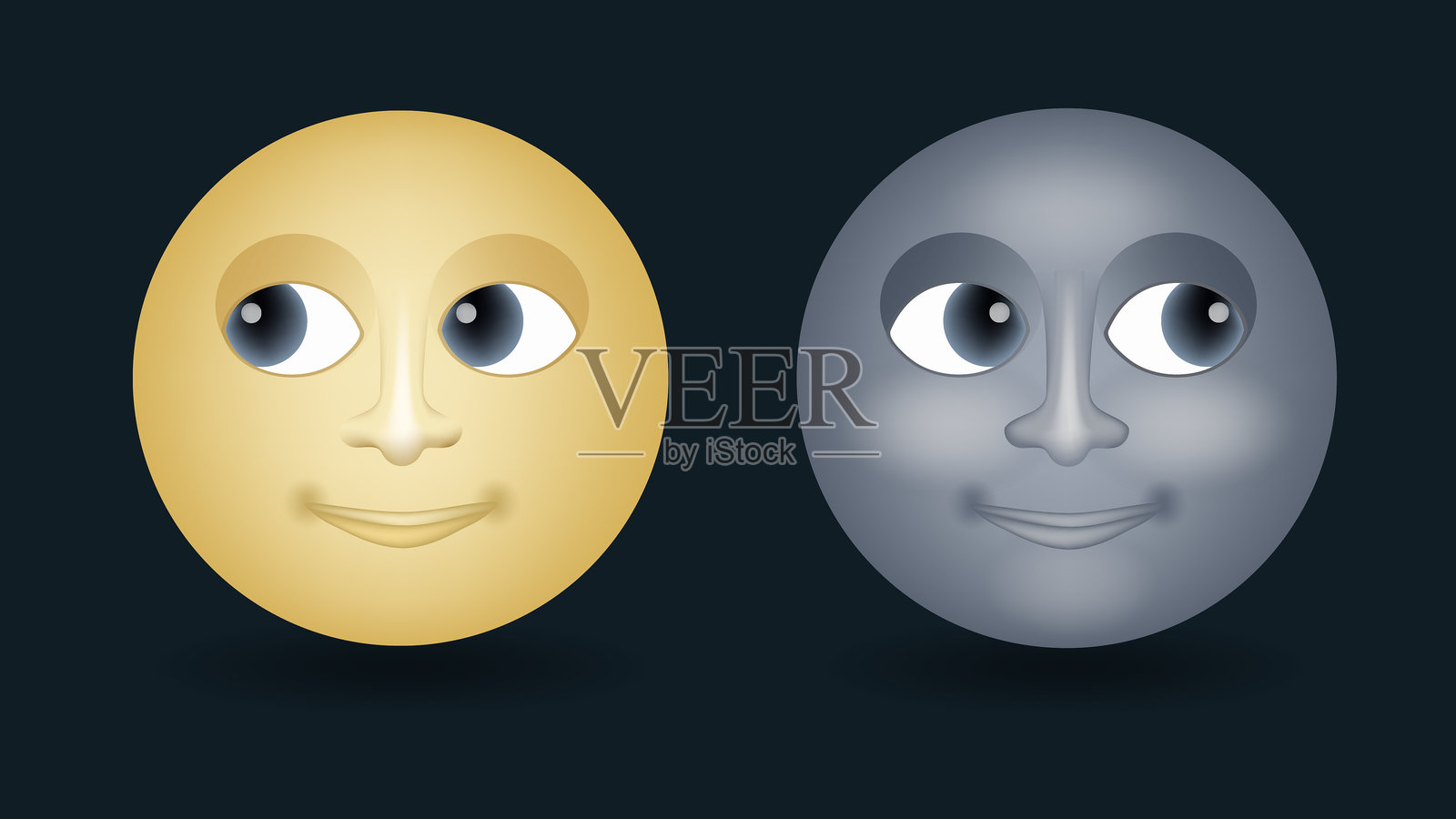 满月面孔矢量表情符号插图，孤立在黑色背景上。插画图片素材