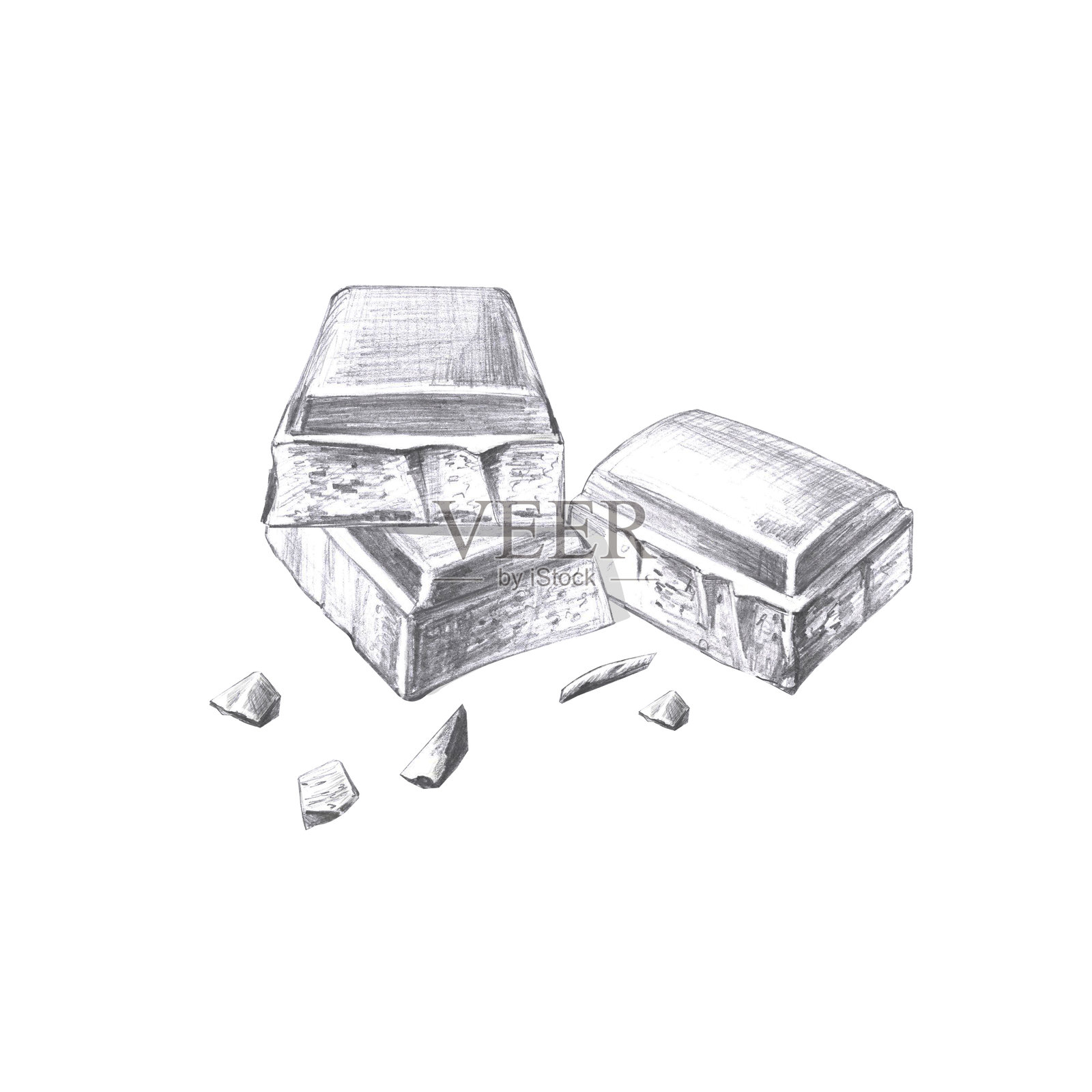 散落的巧克力碎片。食品主题的孤立铅笔插图，适用于菜单设计、食谱、烹饪杂志和节日活动。插画图片素材