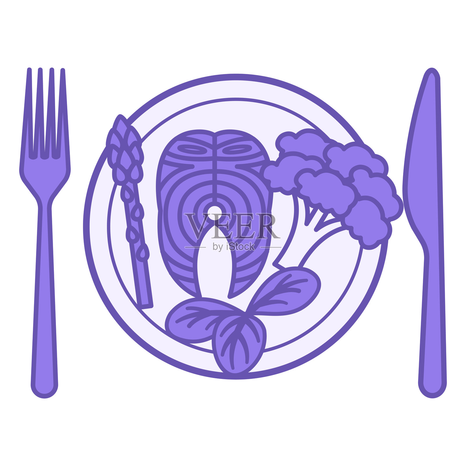 彩色餐点图标。矢量图。煎鱼、花椰菜、芦笋和沙拉叶的组合。盘子上的食物，叉子和餐刀。健康生活方式。插画图片素材