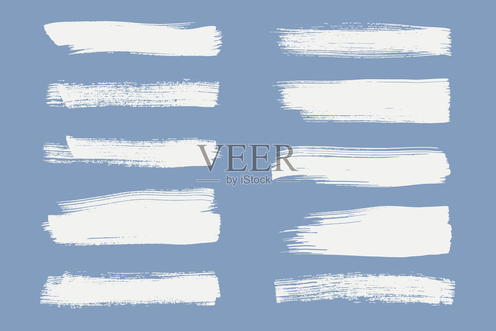 墨刷笔触集合。粗大的笔刷线条套装。白色厚重的粗糙横幅、下划线和高亮笔刷纹理，适用于海报、演示文稿和广告。插画图片素材