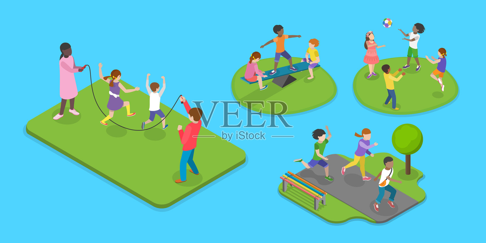儿童在户外玩耍的3D等距平面矢量插图插画图片素材