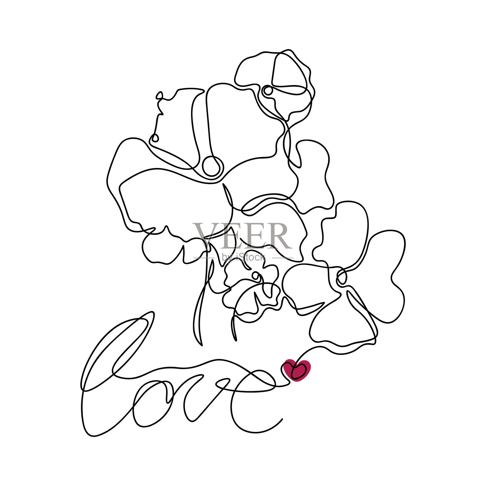 连续一笔画的温柔花朵与叶子，带有“爱”字。极简设计，背景为白色。线条艺术。插画图片素材