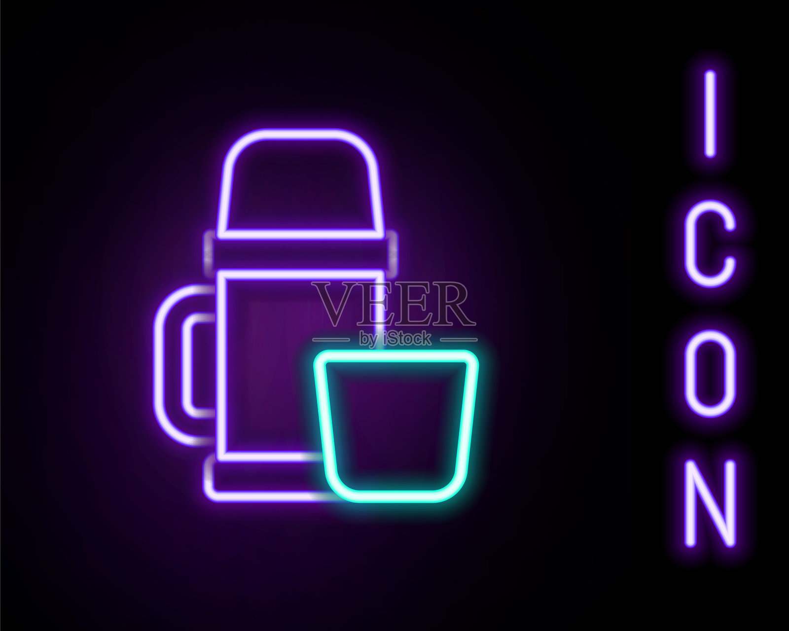 发光的霓虹线保温瓶和杯子图标，背景为黑色。保温壶图标。露营和徒步旅行装备。彩色轮廓概念。矢量图。插画图片素材