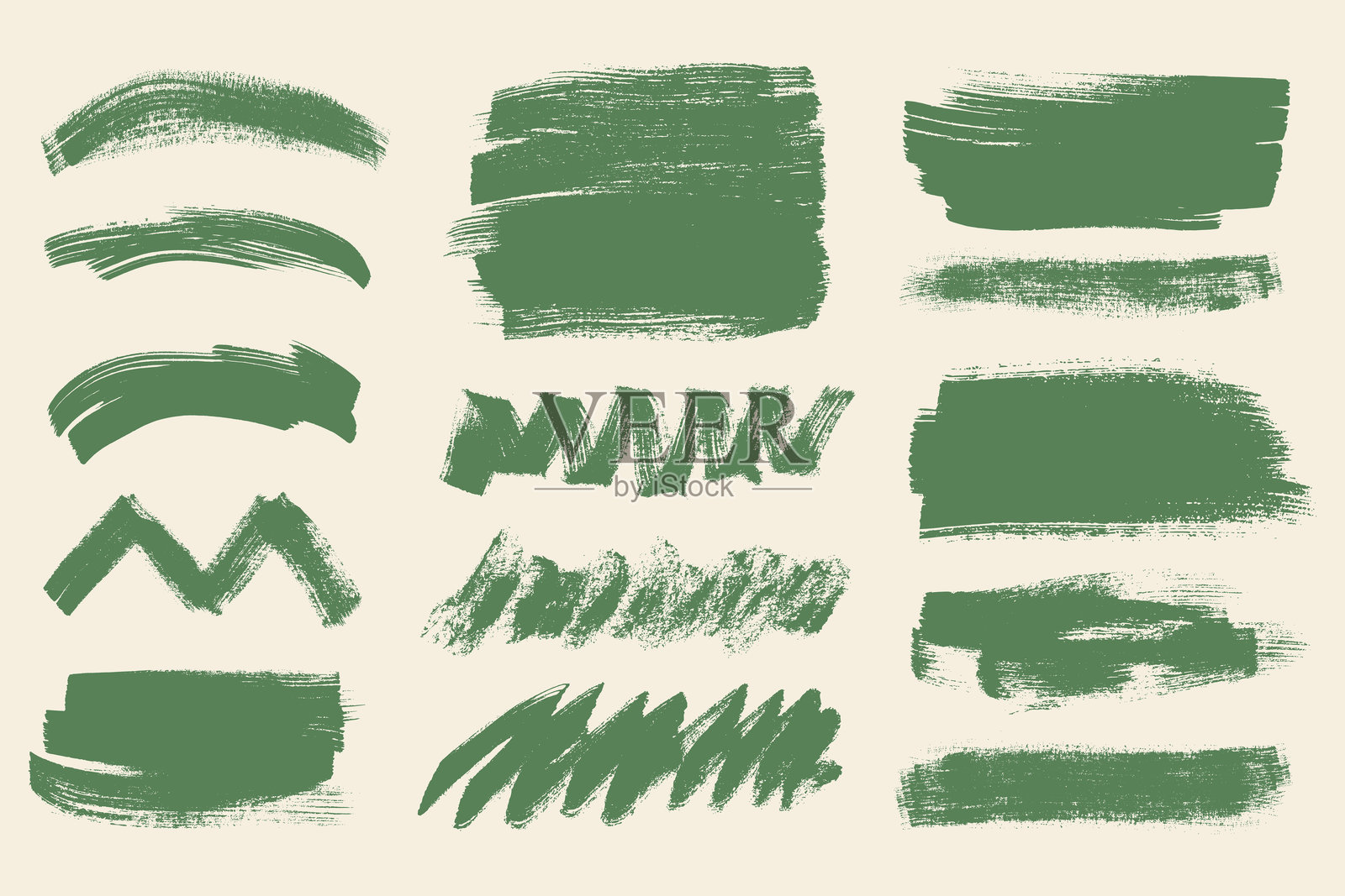 墨刷笔触集合。粗大的笔刷线条套装。绿色厚重的涂鸦横幅、下划线和高亮笔刷纹理，适用于海报、演示文稿和广告。插画图片素材