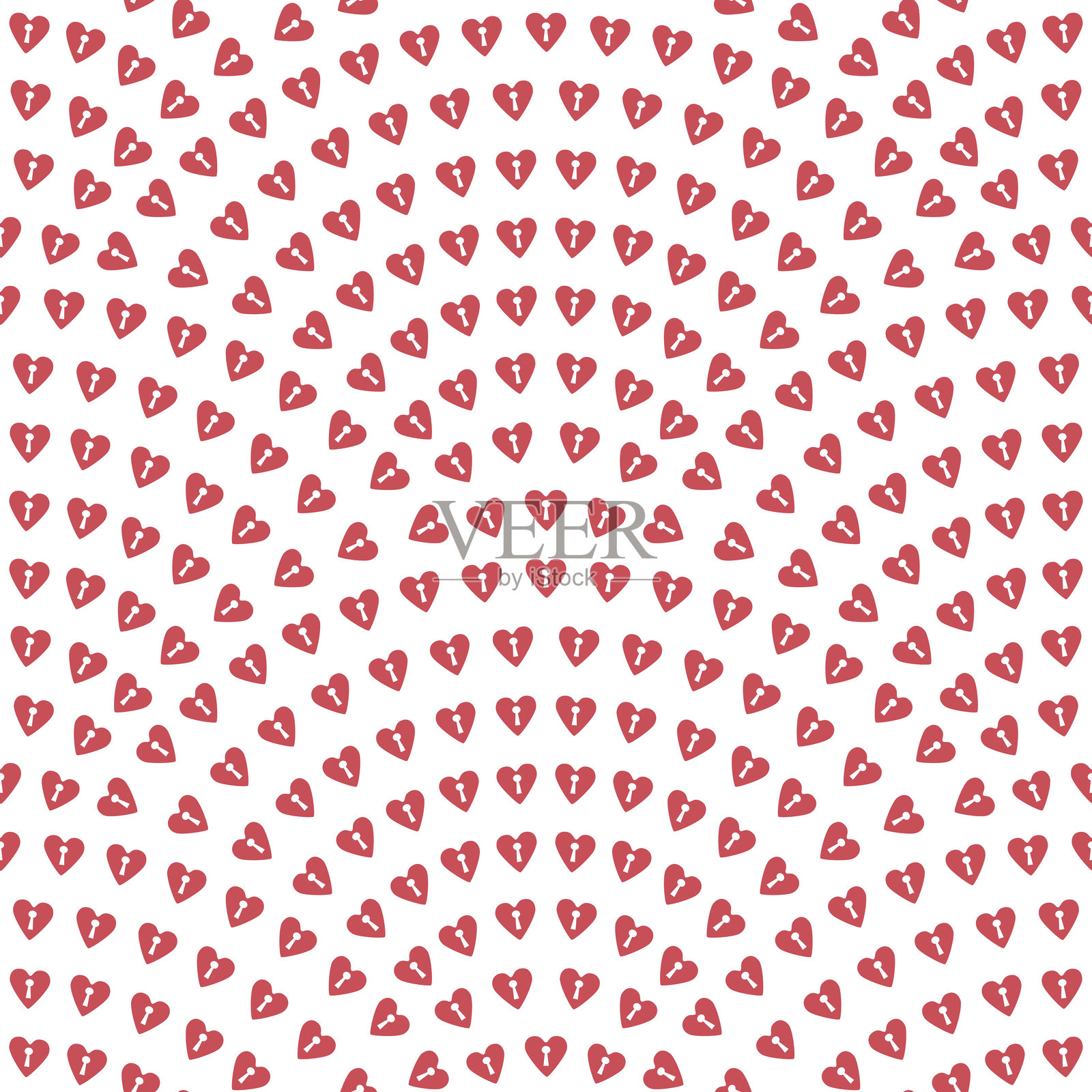 情人节波浪形无缝图案，几何鱼鳞布局。白色背景上的红色心形图案带有钥匙孔。插画图片素材