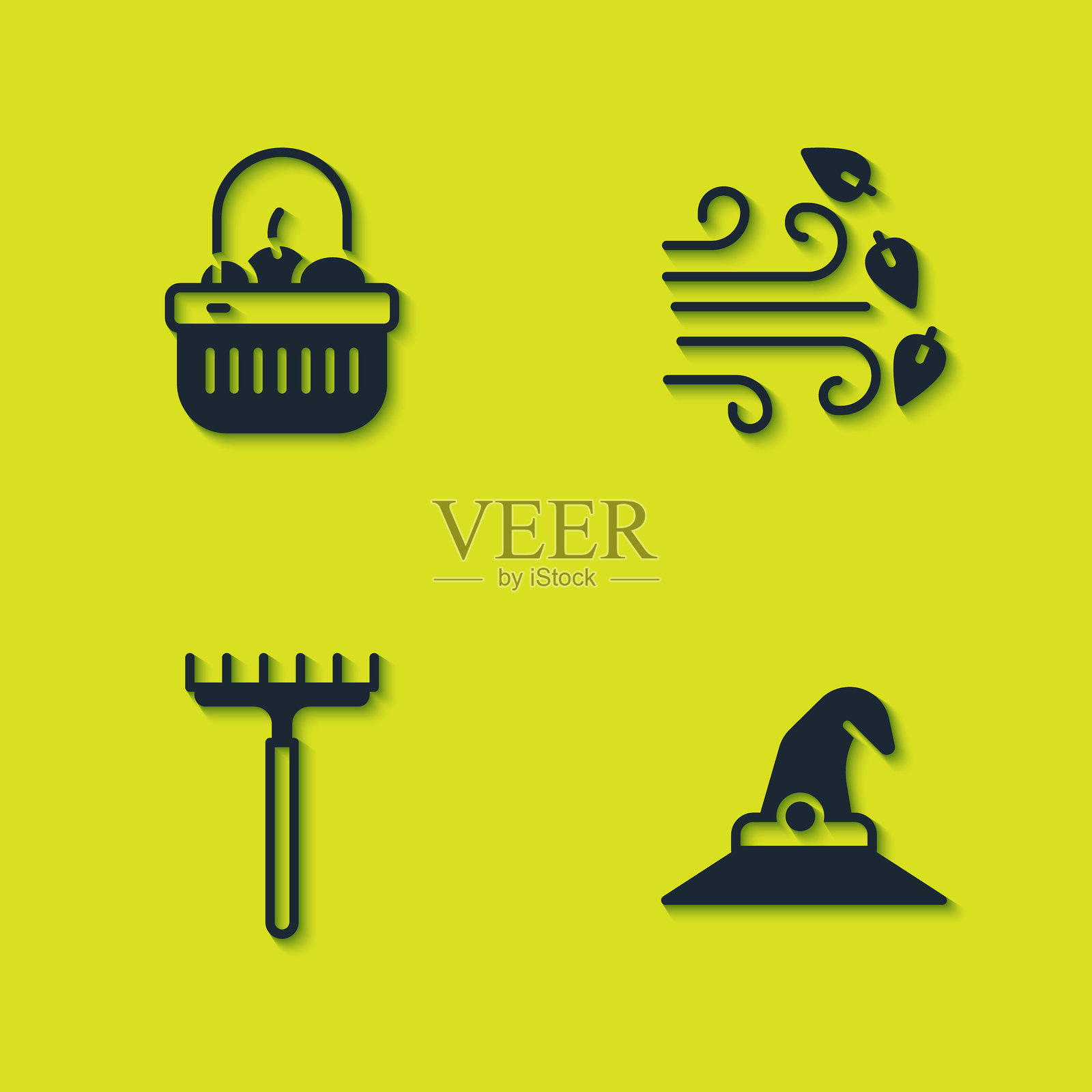 篮子和食物，女巫帽，园艺耙和风大的天气图标。矢量图。插画图片素材