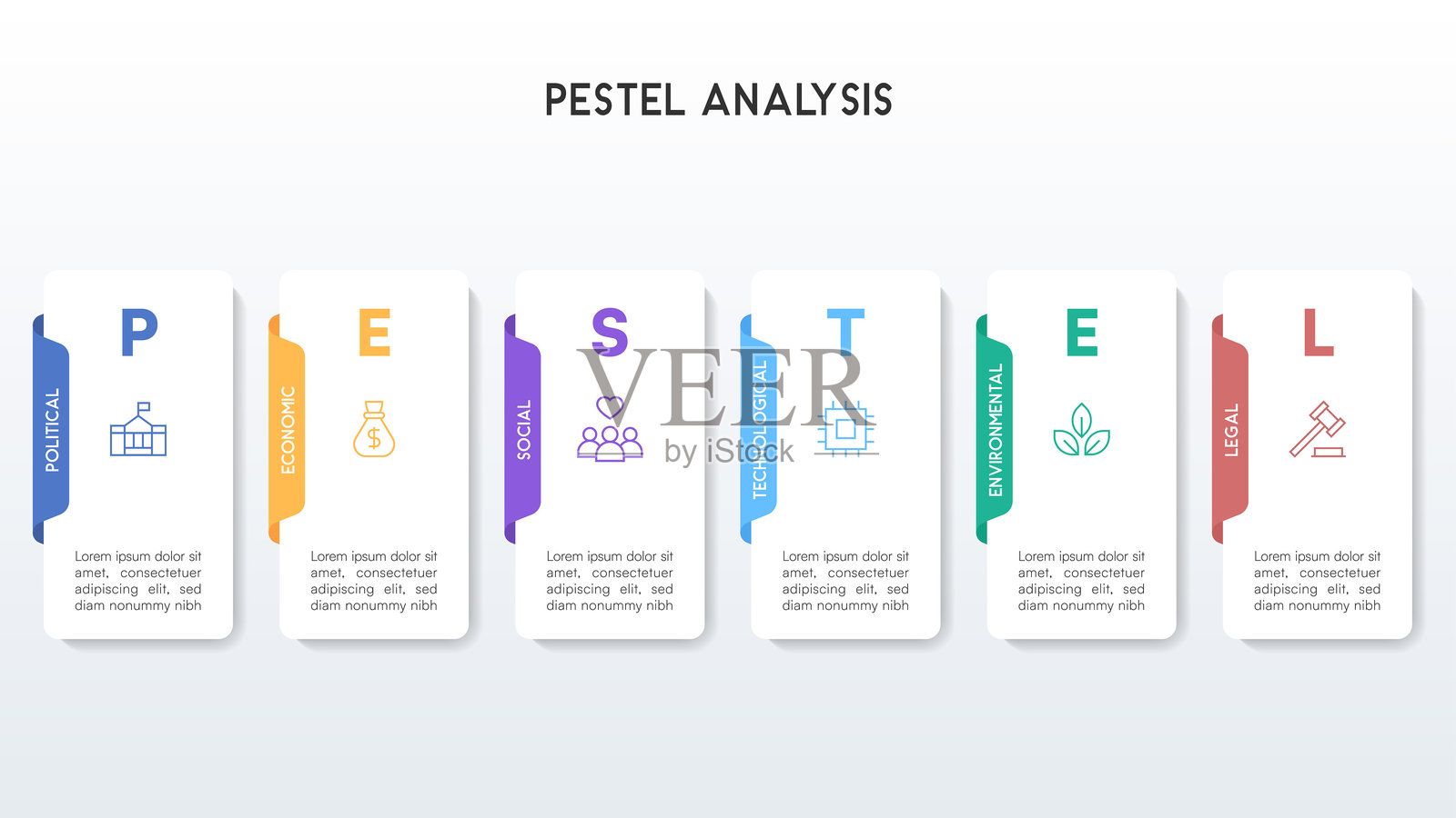 垂直PESTEL分析信息图，带有漂浮的白色面板和渐变高光插画图片素材