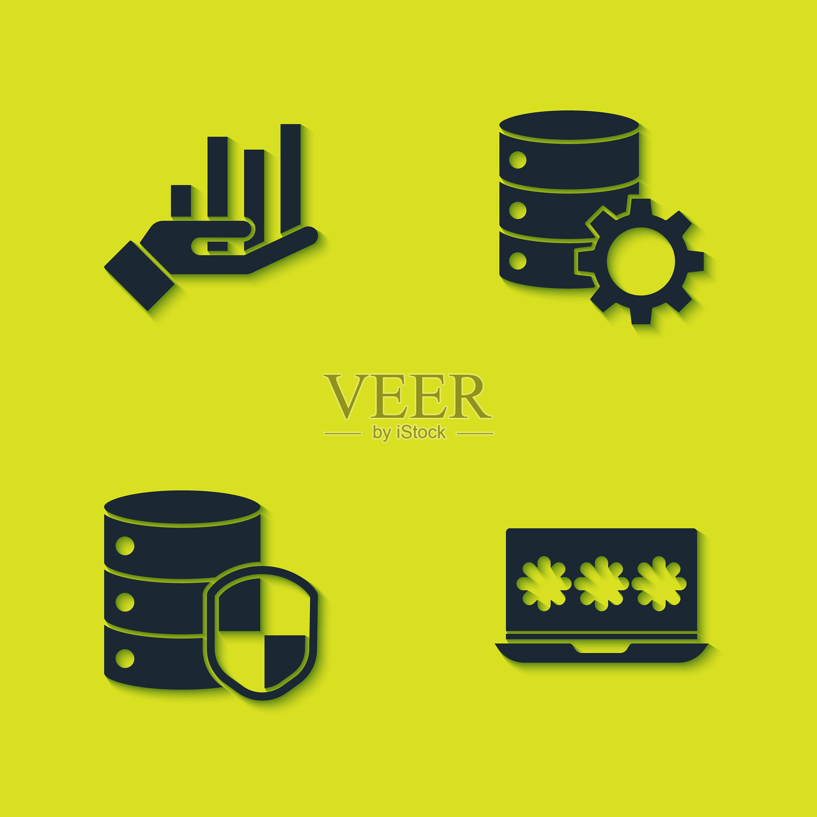 饼图信息图，带密码的笔记本电脑，服务器保护盾和齿轮图标。矢量图。插画图片素材