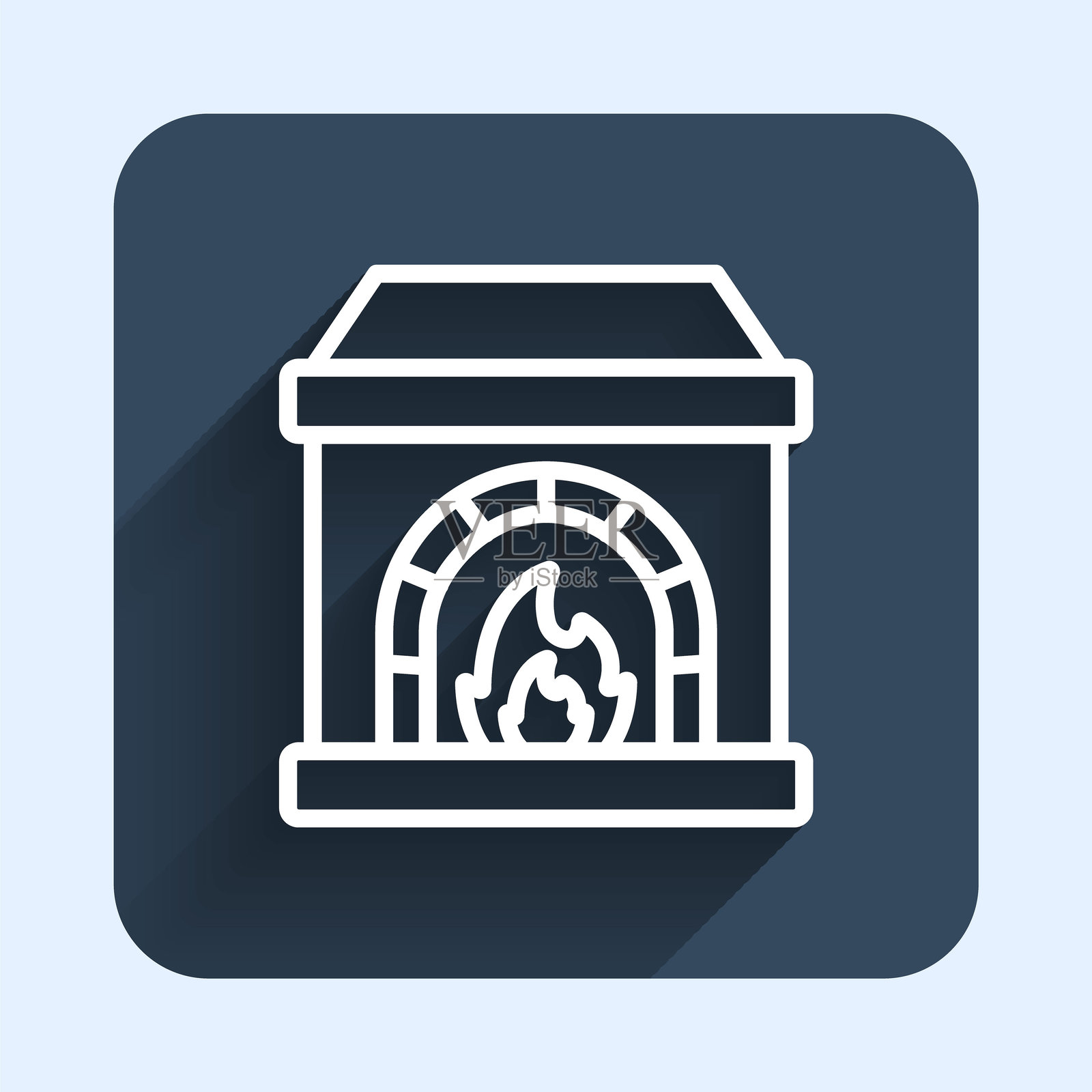 白色线条的铁匠炉图标，带有长阴影背景。蓝色方形按钮。矢量图。插画图片素材