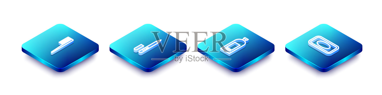 等距线条图标：发刷、眼线笔、眉笔、洗发水瓶和香皂。矢量图。插画图片素材