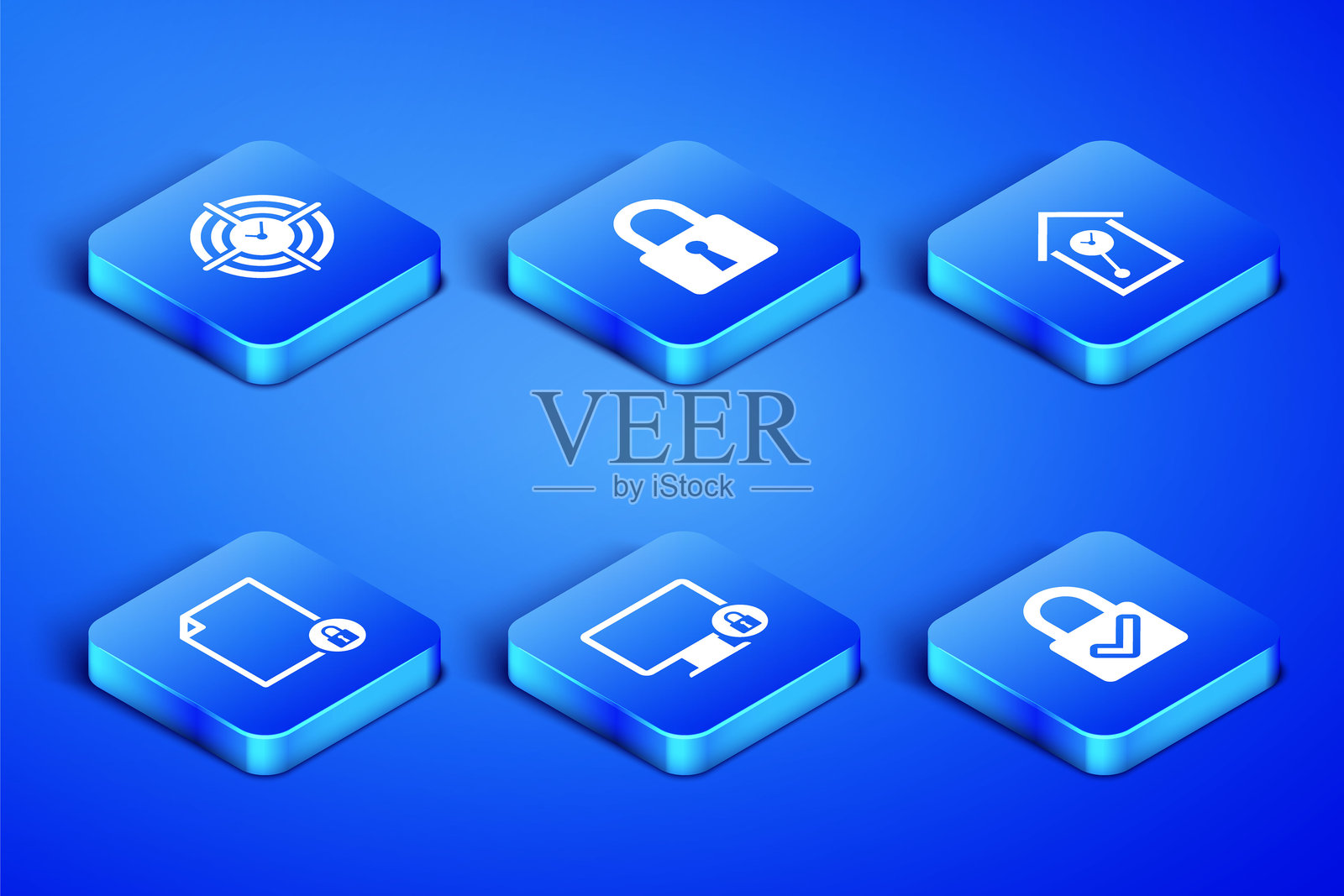 设置锁和勾选标记，时间管理，显示器上的文档锁，复古墙壁时钟图标。矢量图。插画图片素材