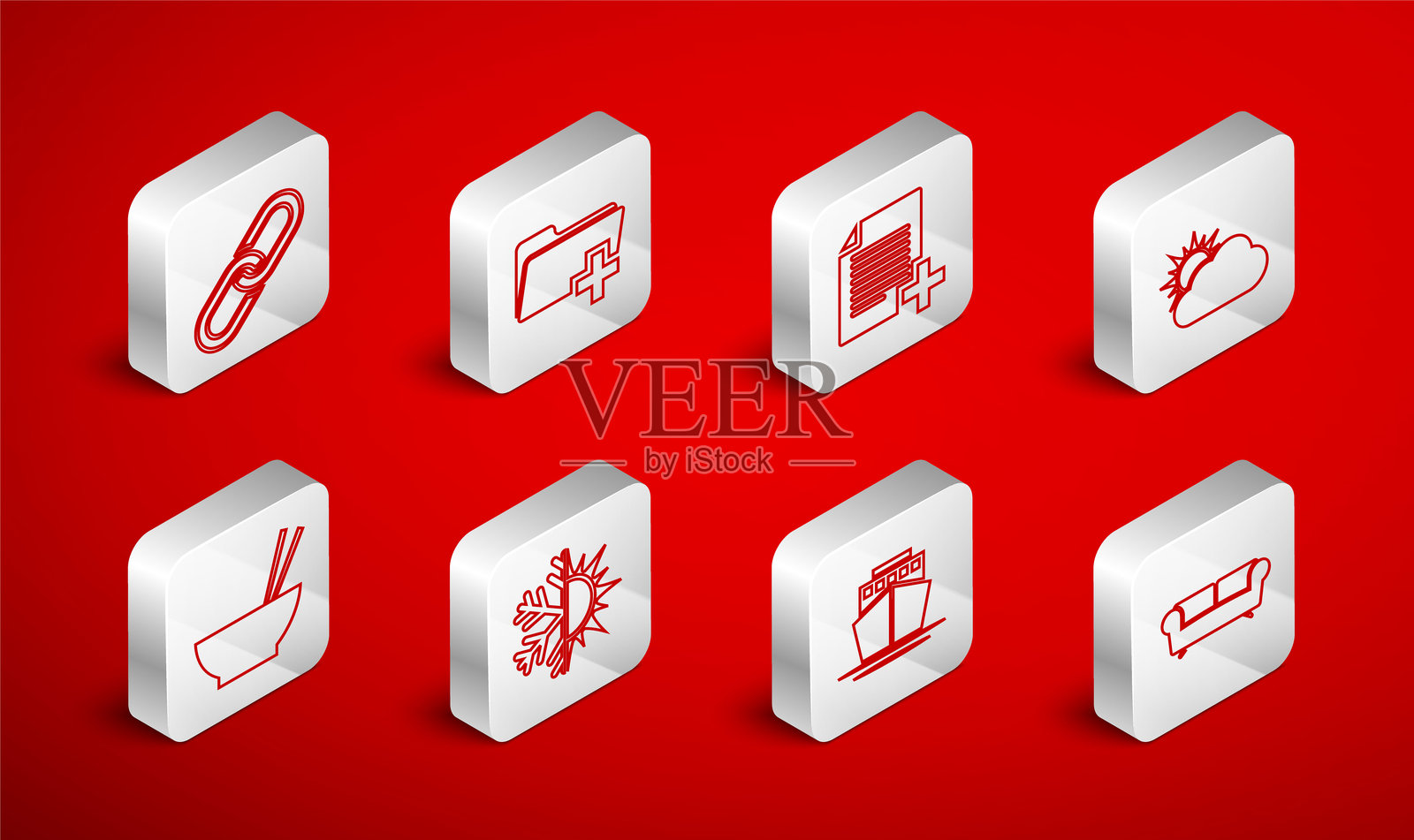 线条沙发，添加新文件夹，文件，阳光与云朵天气，船，链环，雪花和碗与筷子图标。矢量图。插画图片素材