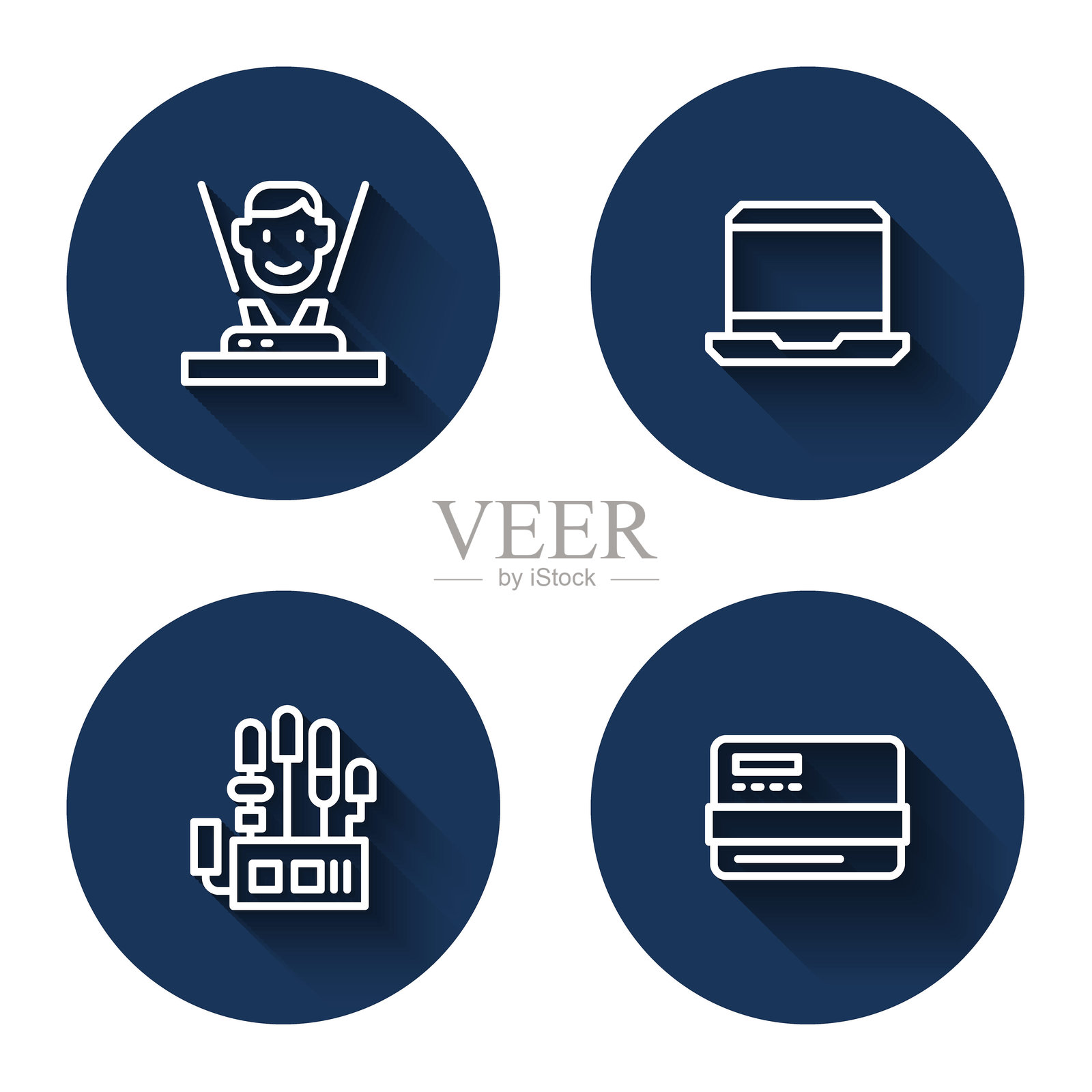 设置线条全息图、笔记本电脑、机械手和带长阴影的信用卡。蓝色圆形按钮。矢量图。插画图片素材