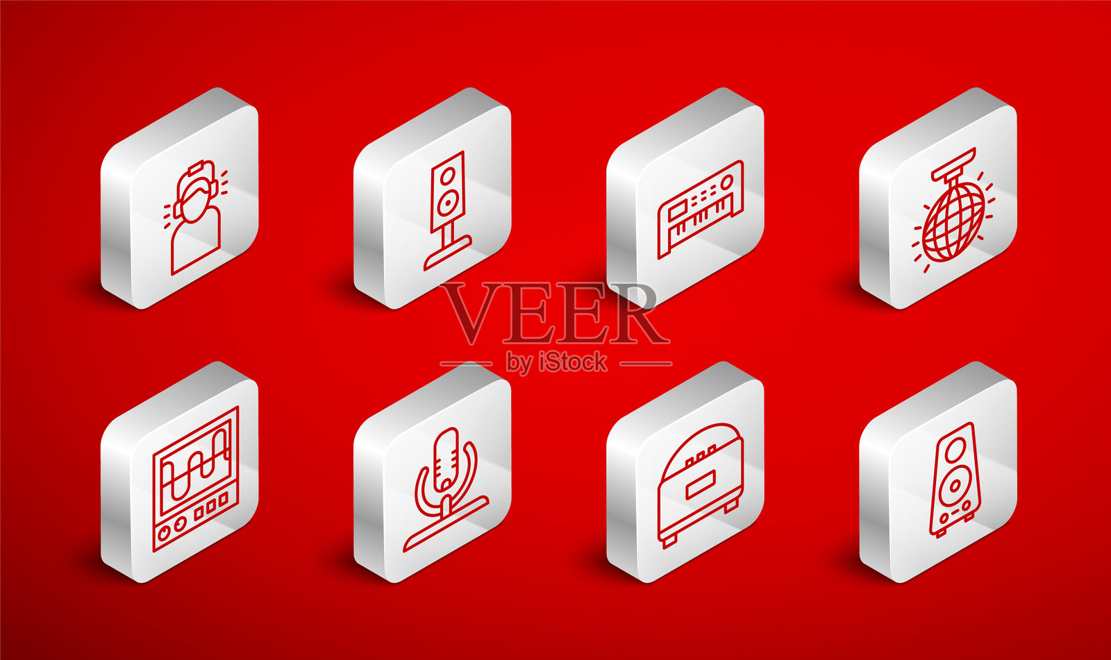 立体声扬声器、音乐合成器、迪斯科球、戴耳机的男人、麦克风和示波器图标。矢量图。插画图片素材
