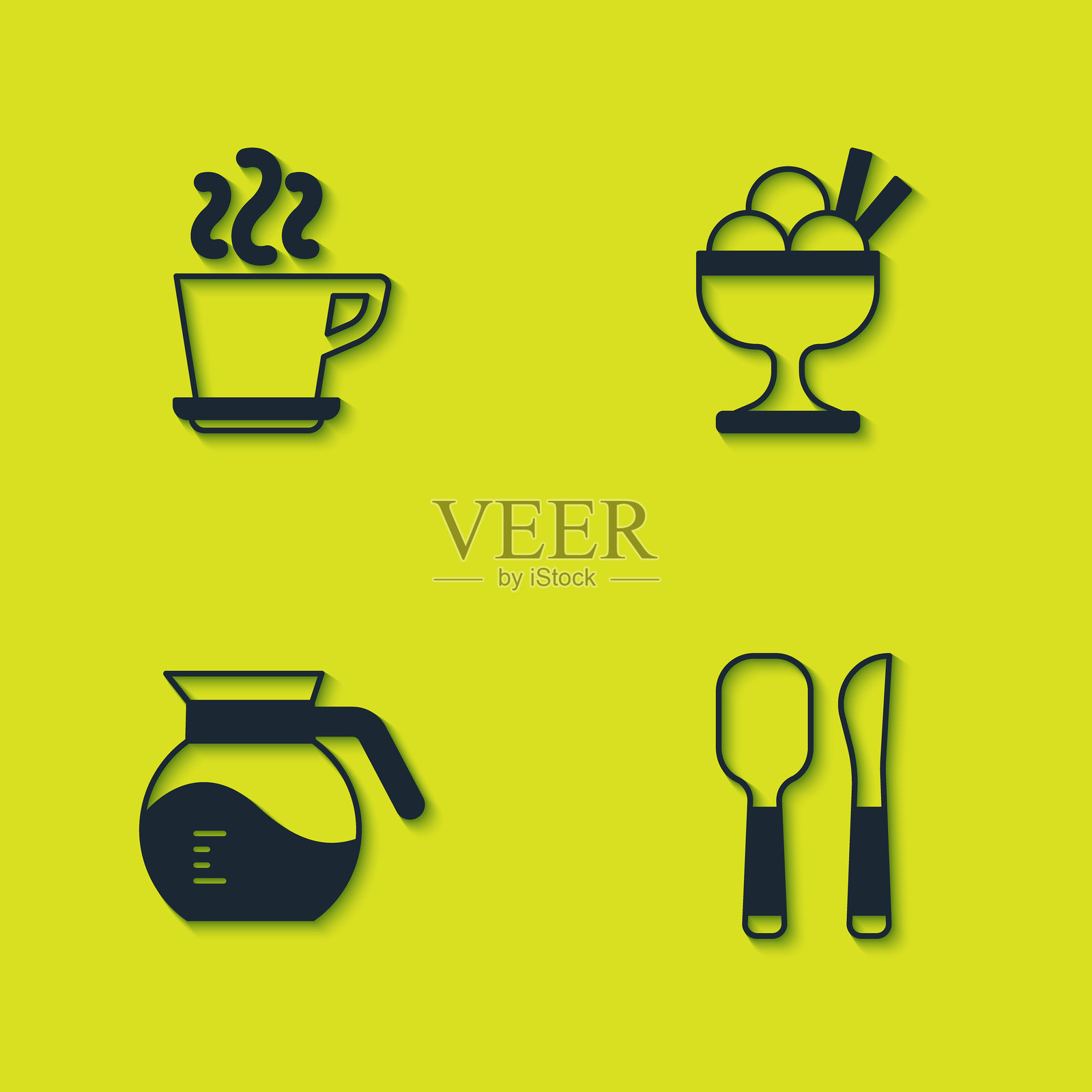 咖啡杯、刀子和勺子、壶和碗中的冰淇淋图标。矢量图。插画图片素材