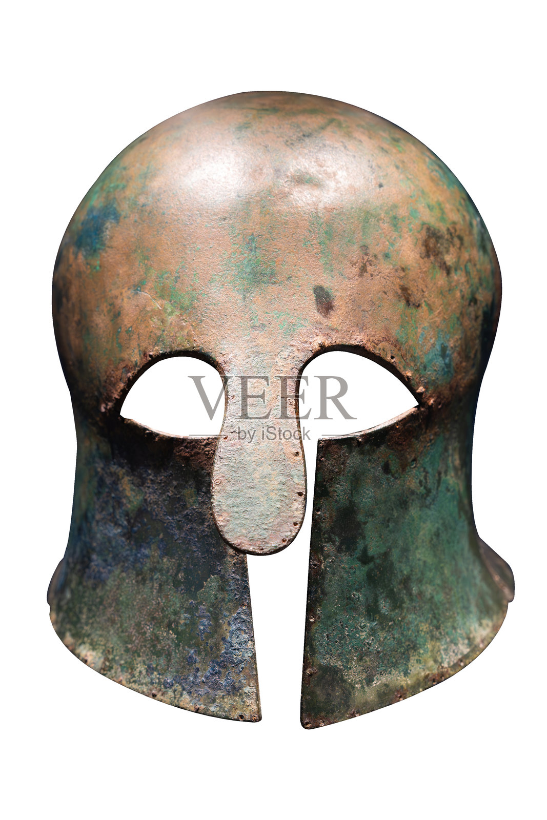 古代青铜头盔，带有白色铜绿照片摄影图片