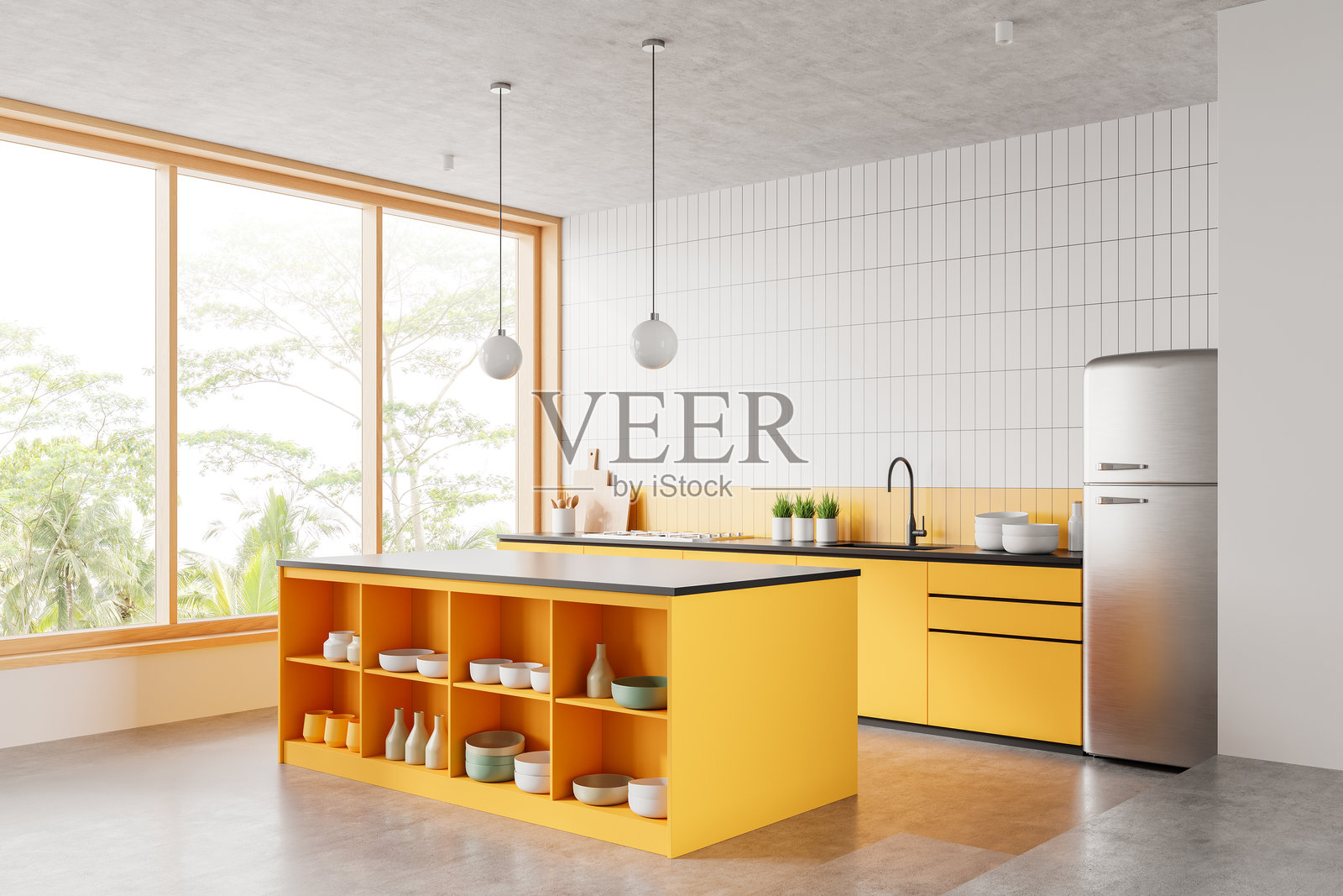 现代简约风格的厨房，配有白色橱柜、大窗户和木地板。3D渲染图照片摄影图片