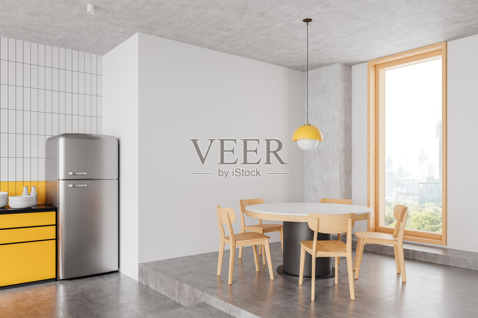 现代木质厨房室内设计，配有大窗户和自然光。3D渲染图照片摄影图片