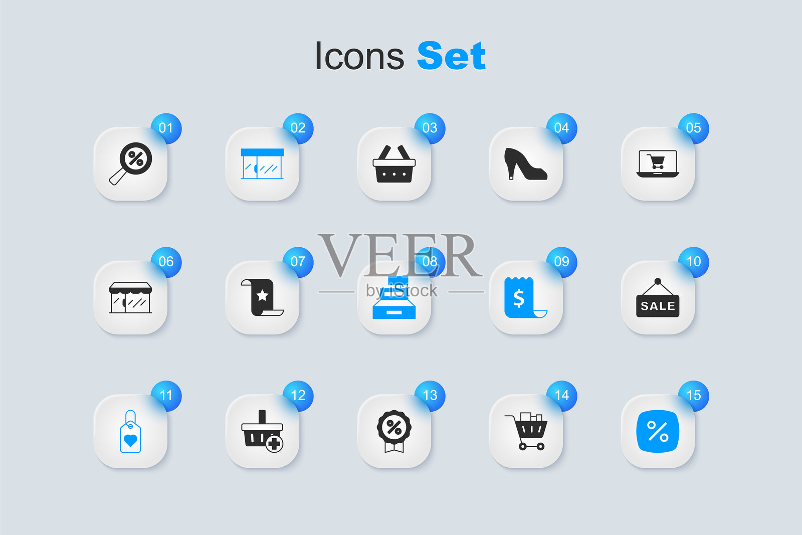 购物车和食品，纸质支票财务检查，市场商店，心形标签，折扣百分比，带有“特卖”文字的悬挂标志，放大镜和收银机图标。矢量图。插画图片素材